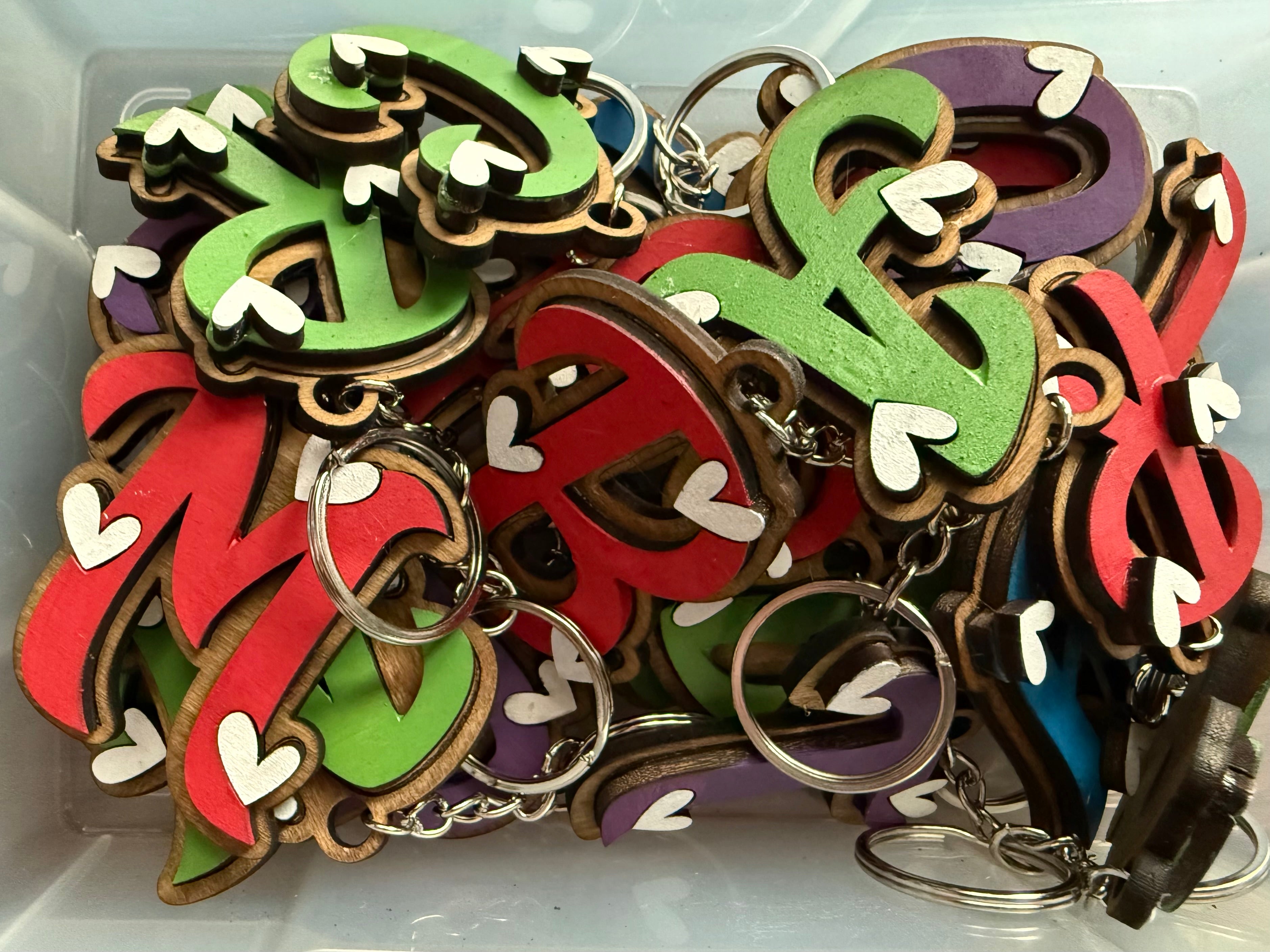 Wood Initial Keychain with Hearts