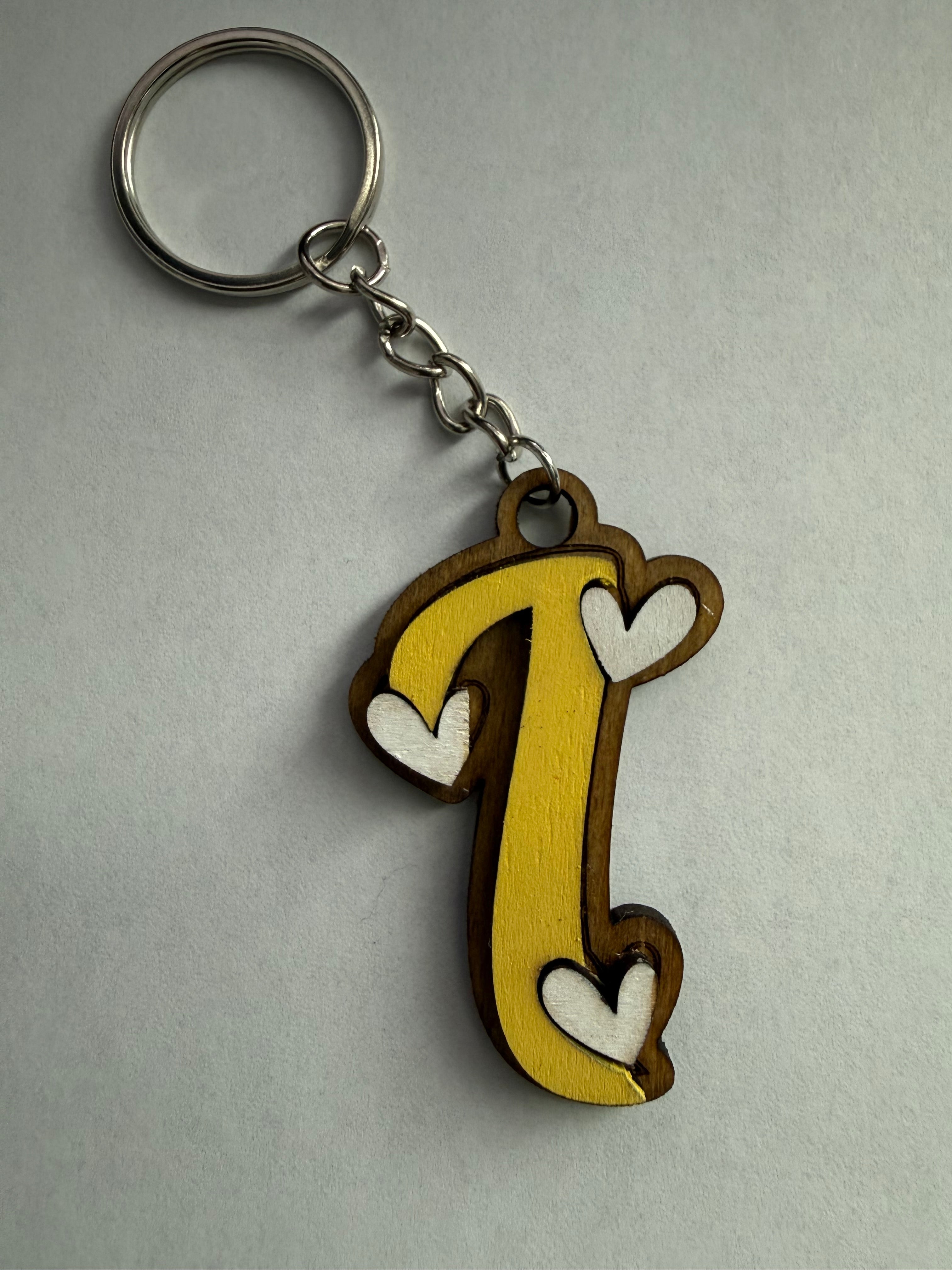 Wood Initial Keychain with Hearts