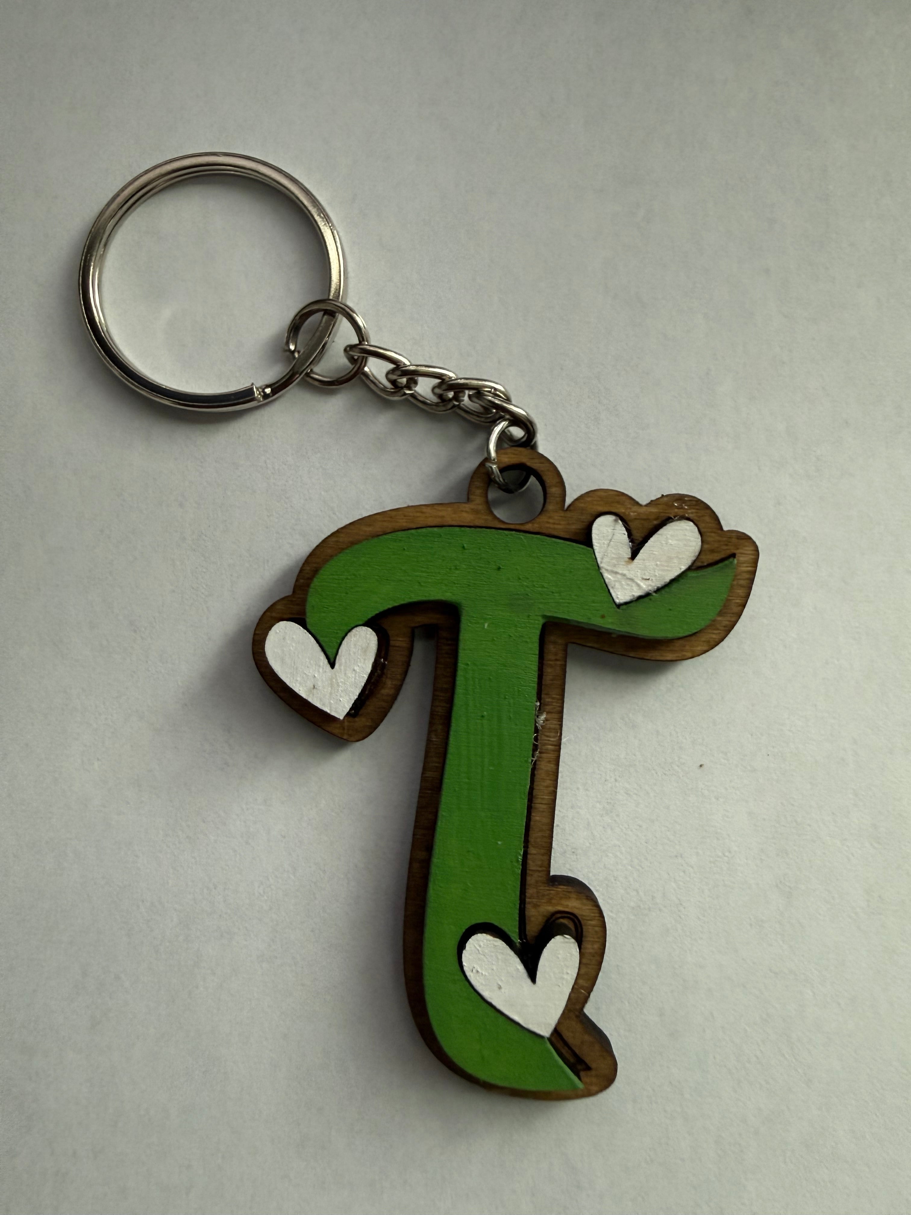 Wood Initial Keychain with Hearts