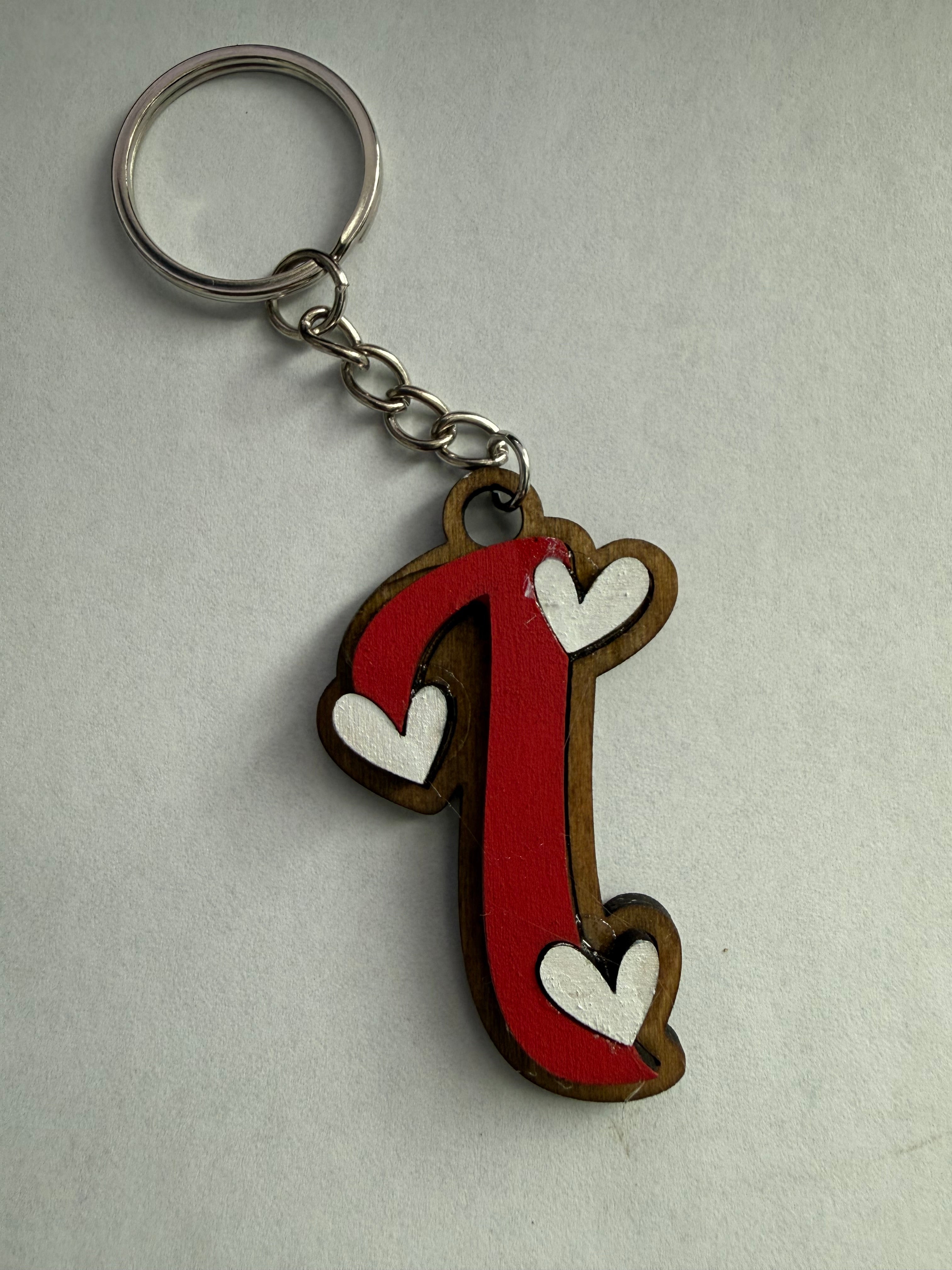 Wood Initial Keychain with Hearts