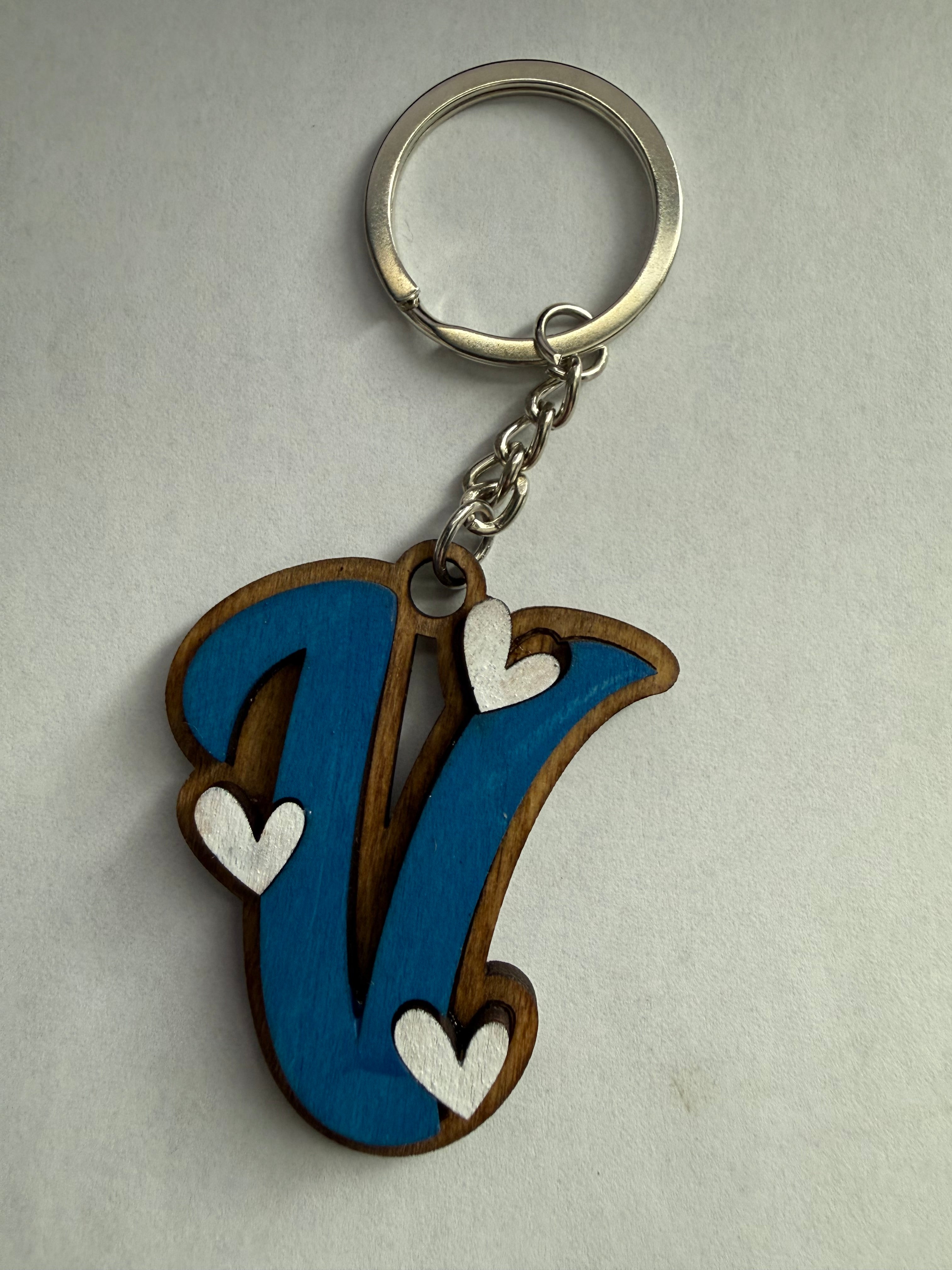 Wood Initial Keychain with Hearts
