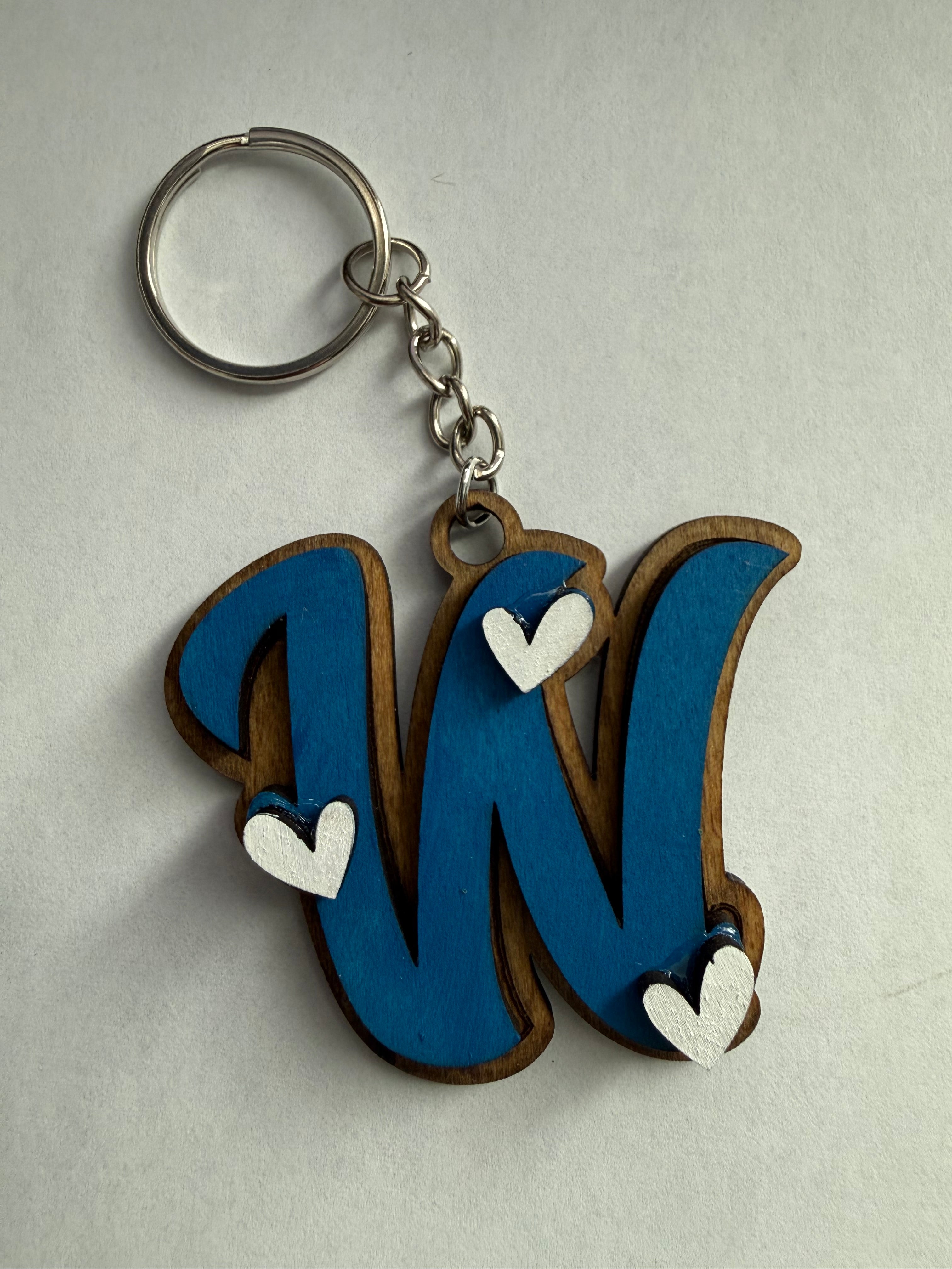 Wood Initial Keychain with Hearts