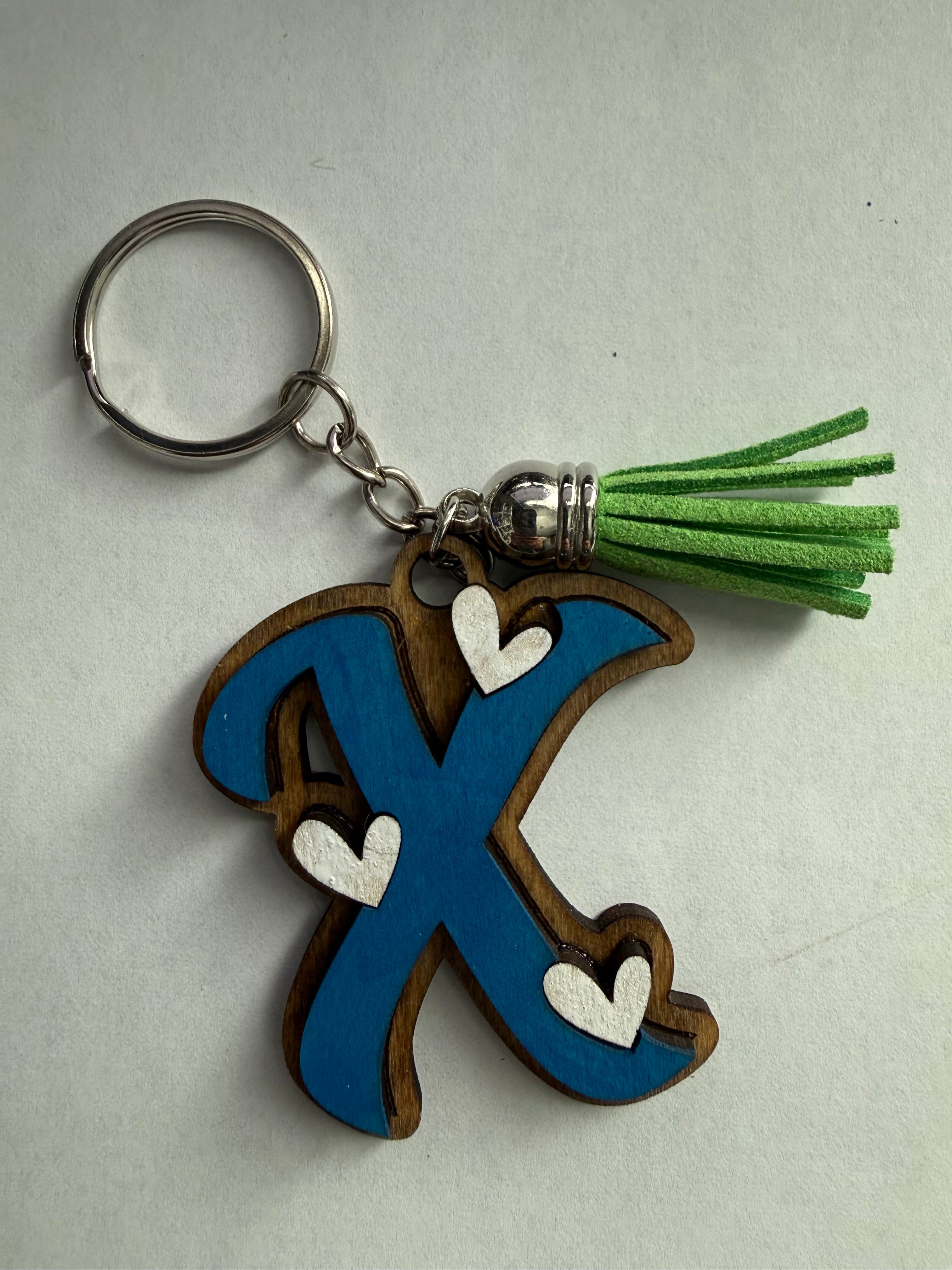 Wood Initial Keychain with Hearts
