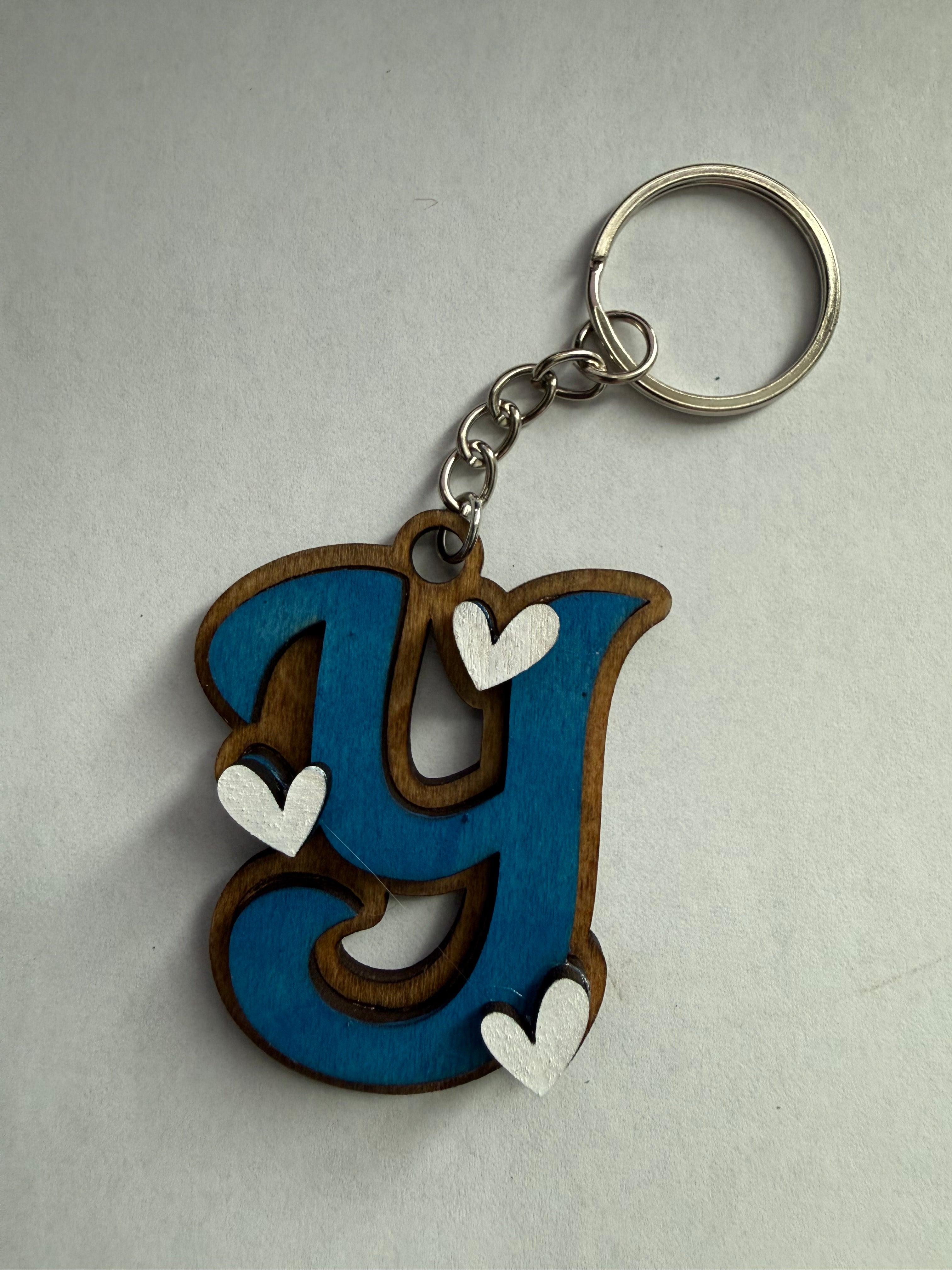Wood Initial Keychain with Hearts