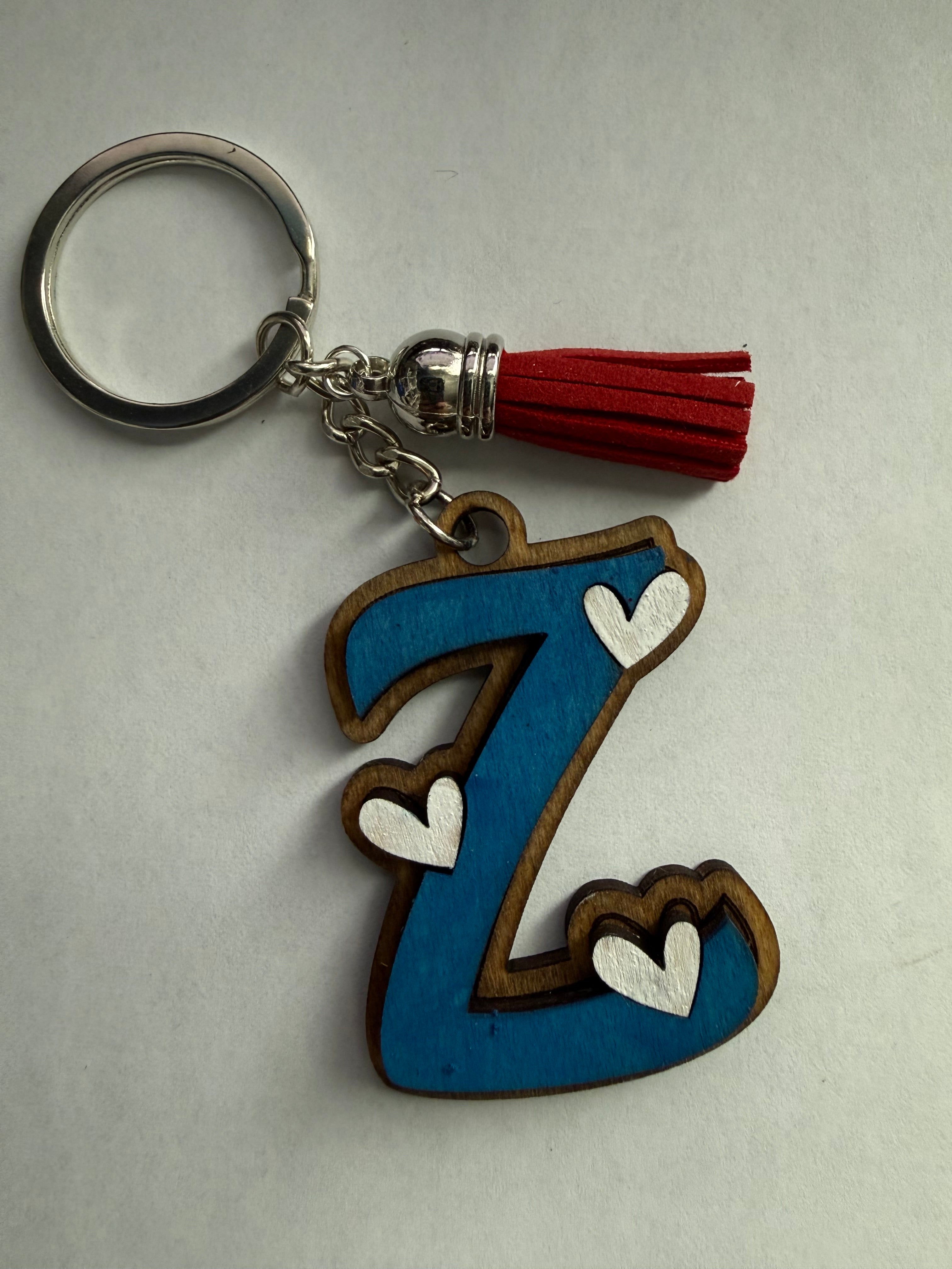 Wood Initial Keychain with Hearts