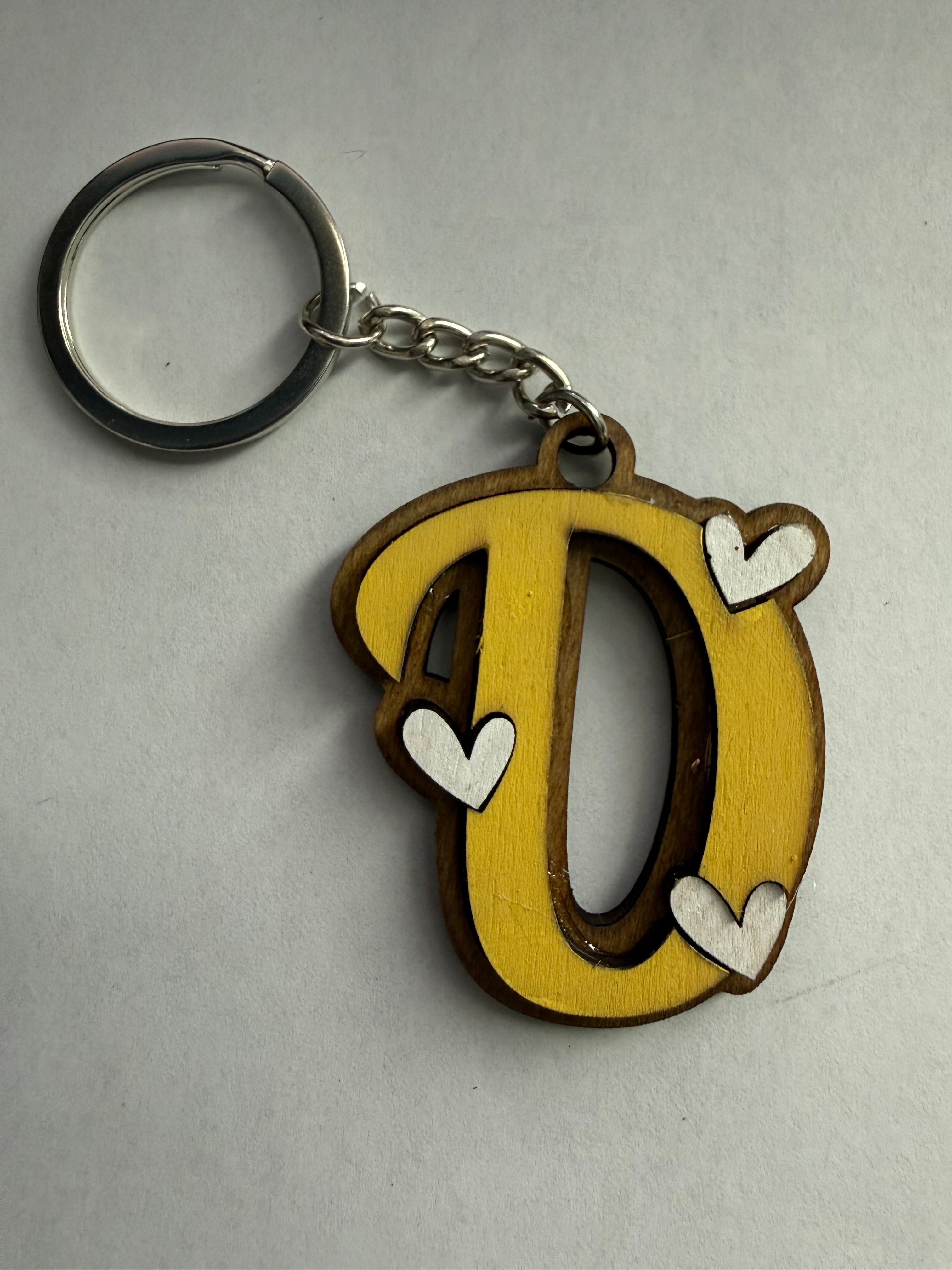 Wood Initial Keychain with Hearts