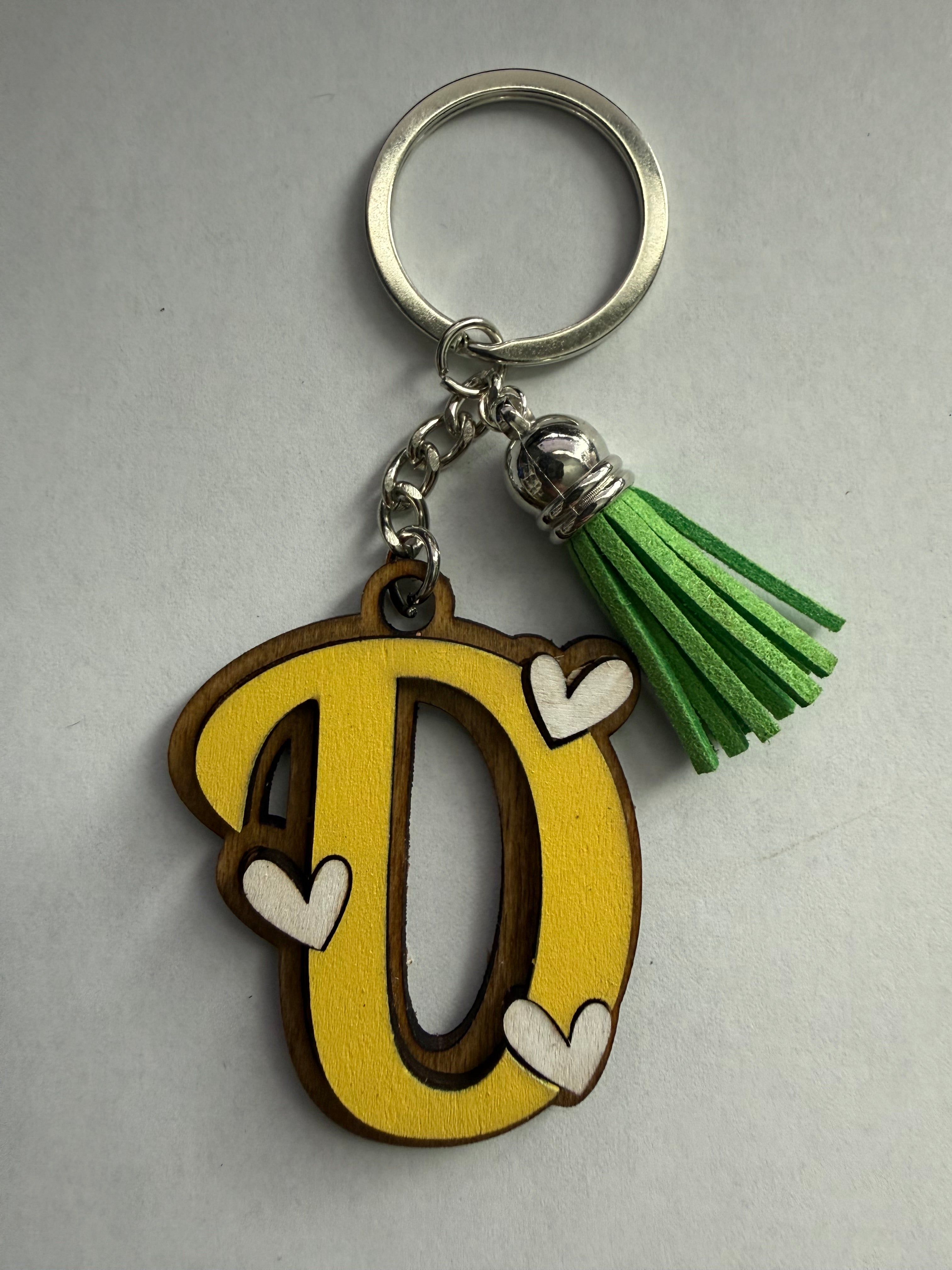 Wood Initial Keychain with Hearts