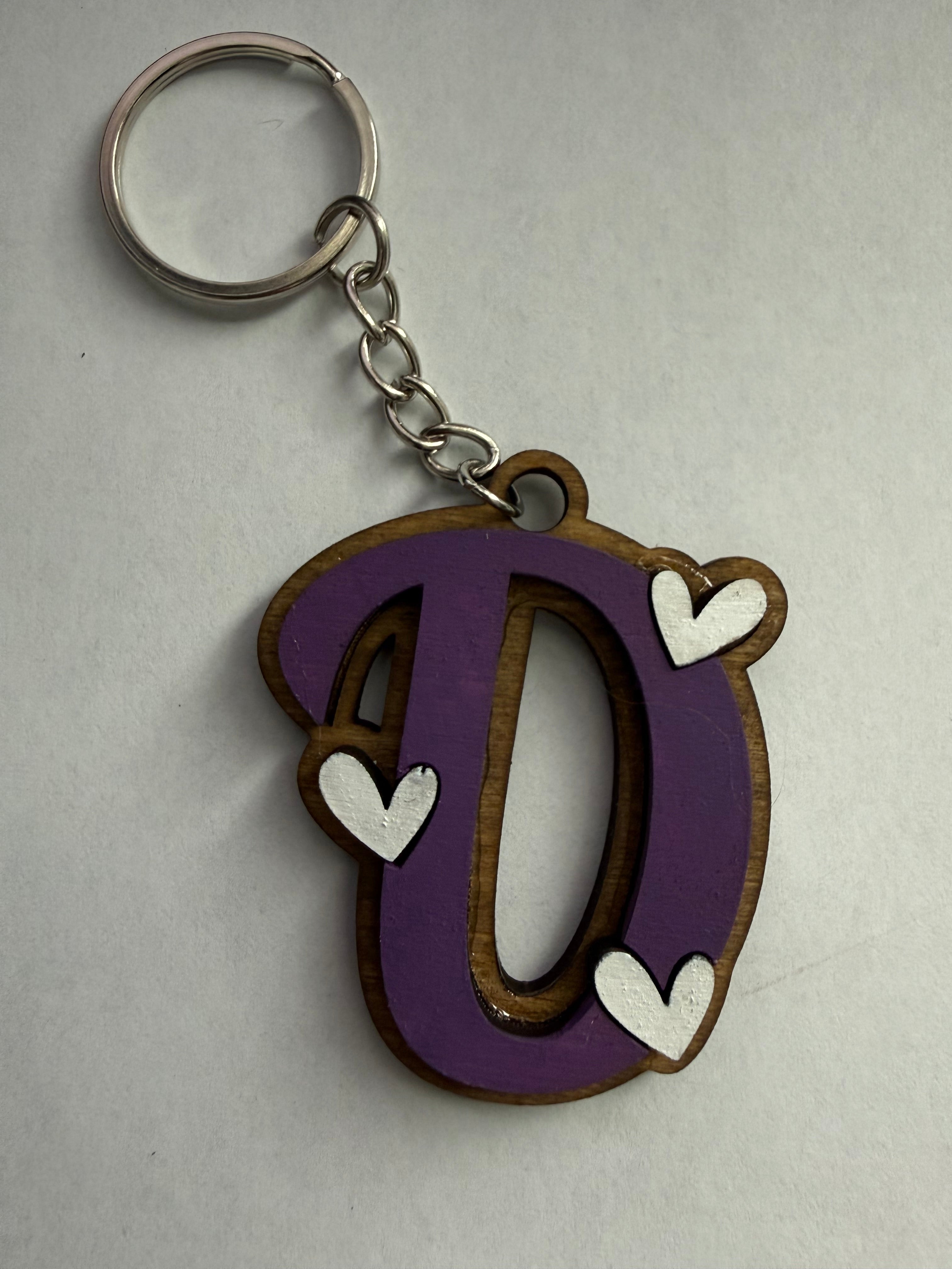 Wood Initial Keychain with Hearts