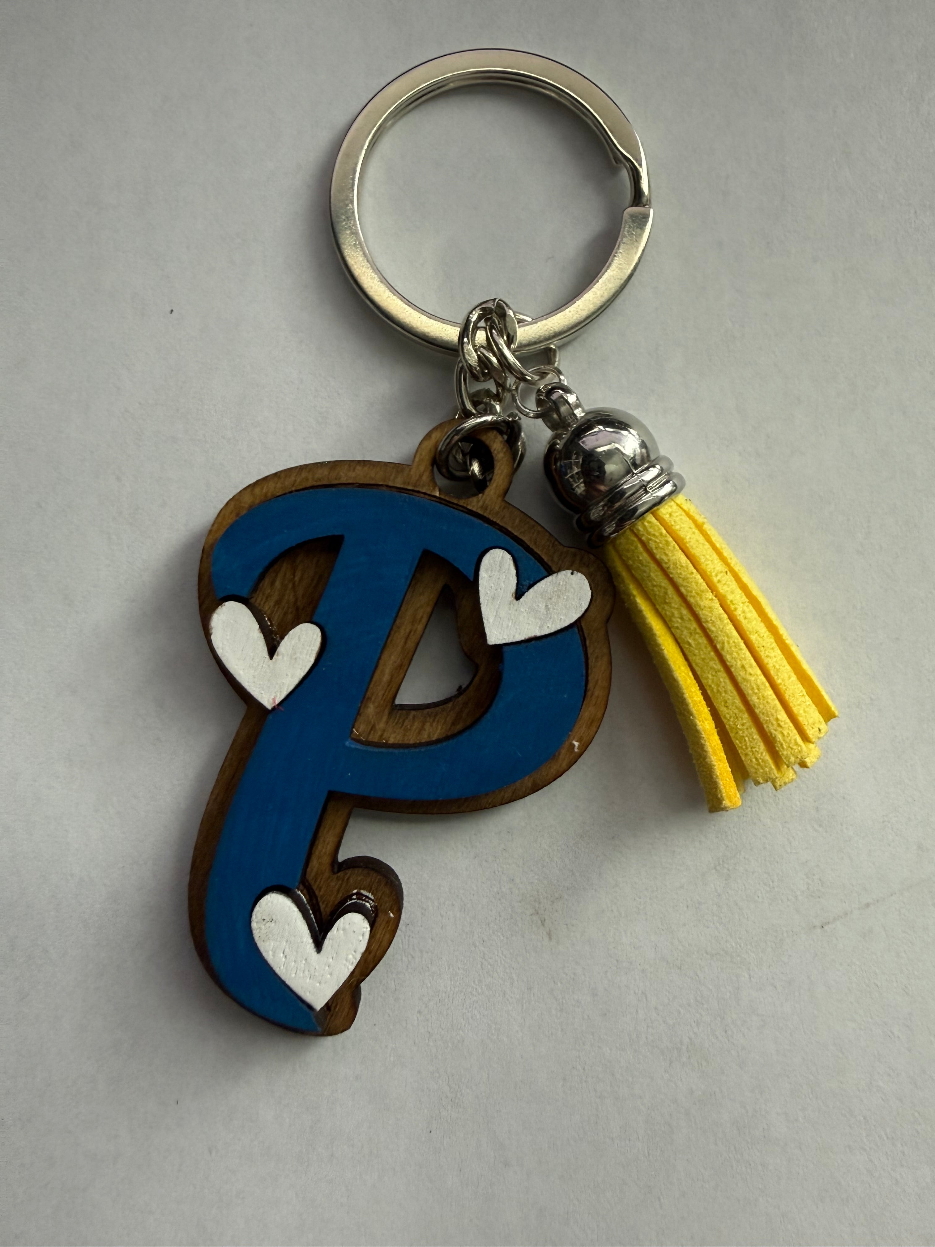 Wood Initial Keychain with Hearts