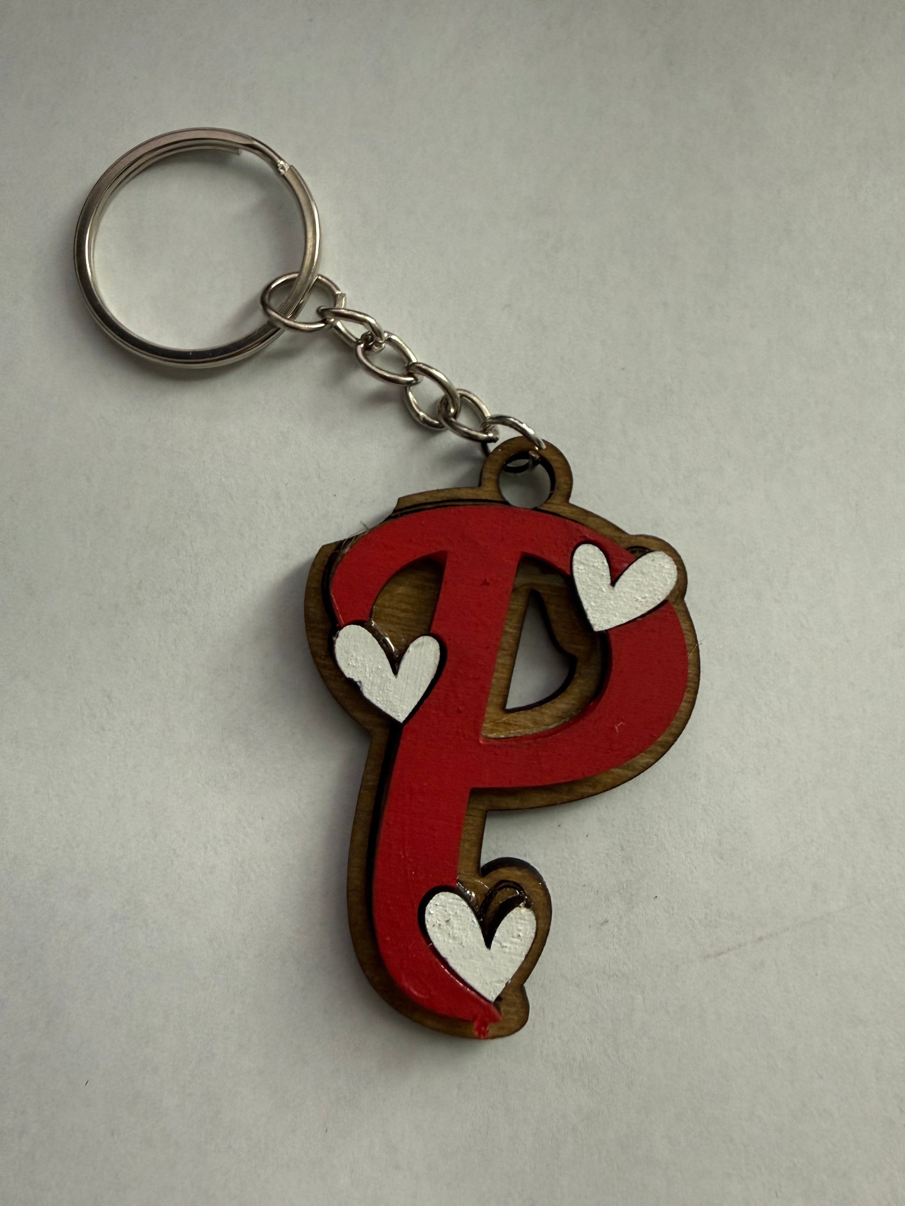 Wood Initial Keychain with Hearts