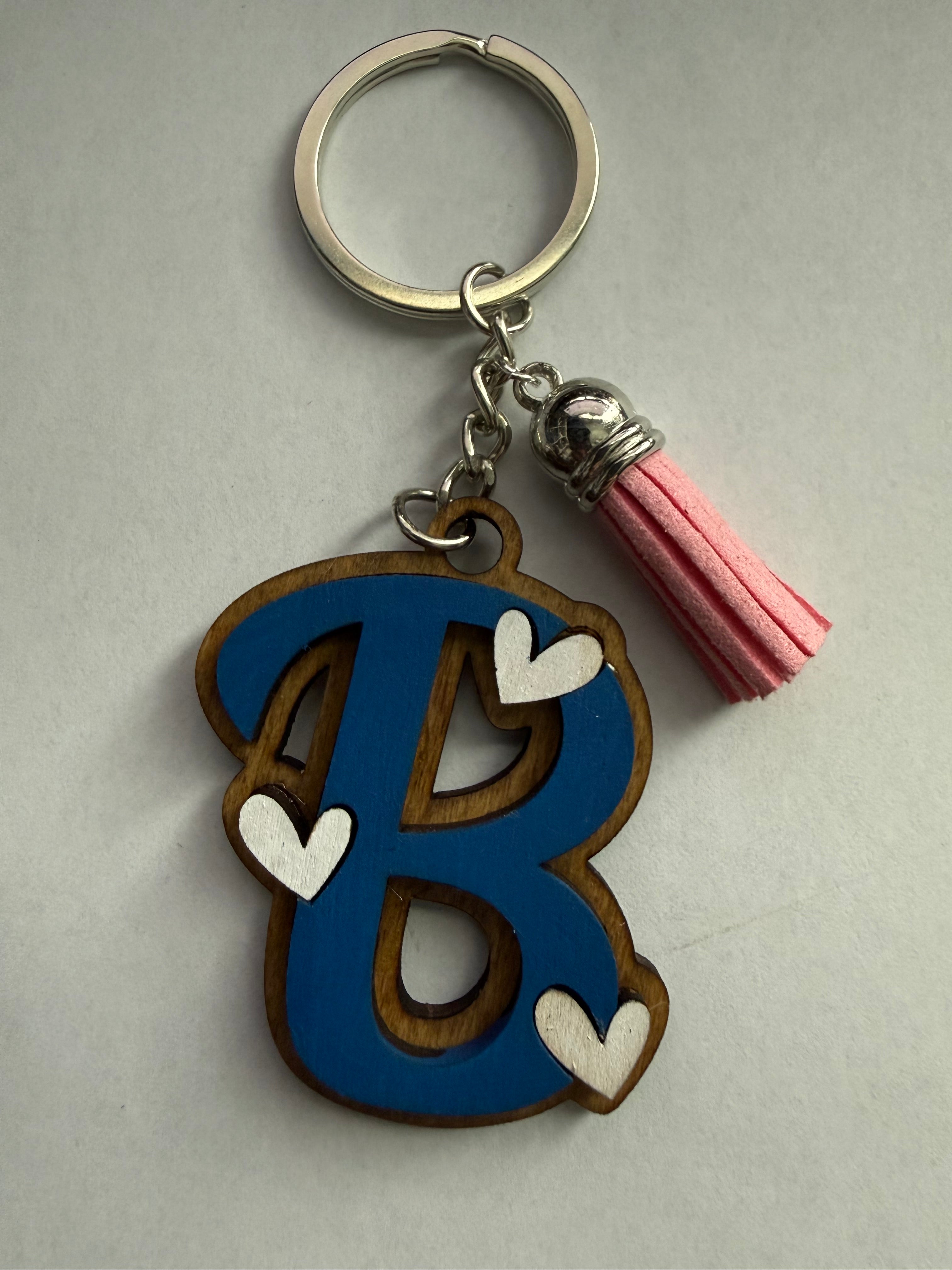 Wood Initial Keychain with Hearts