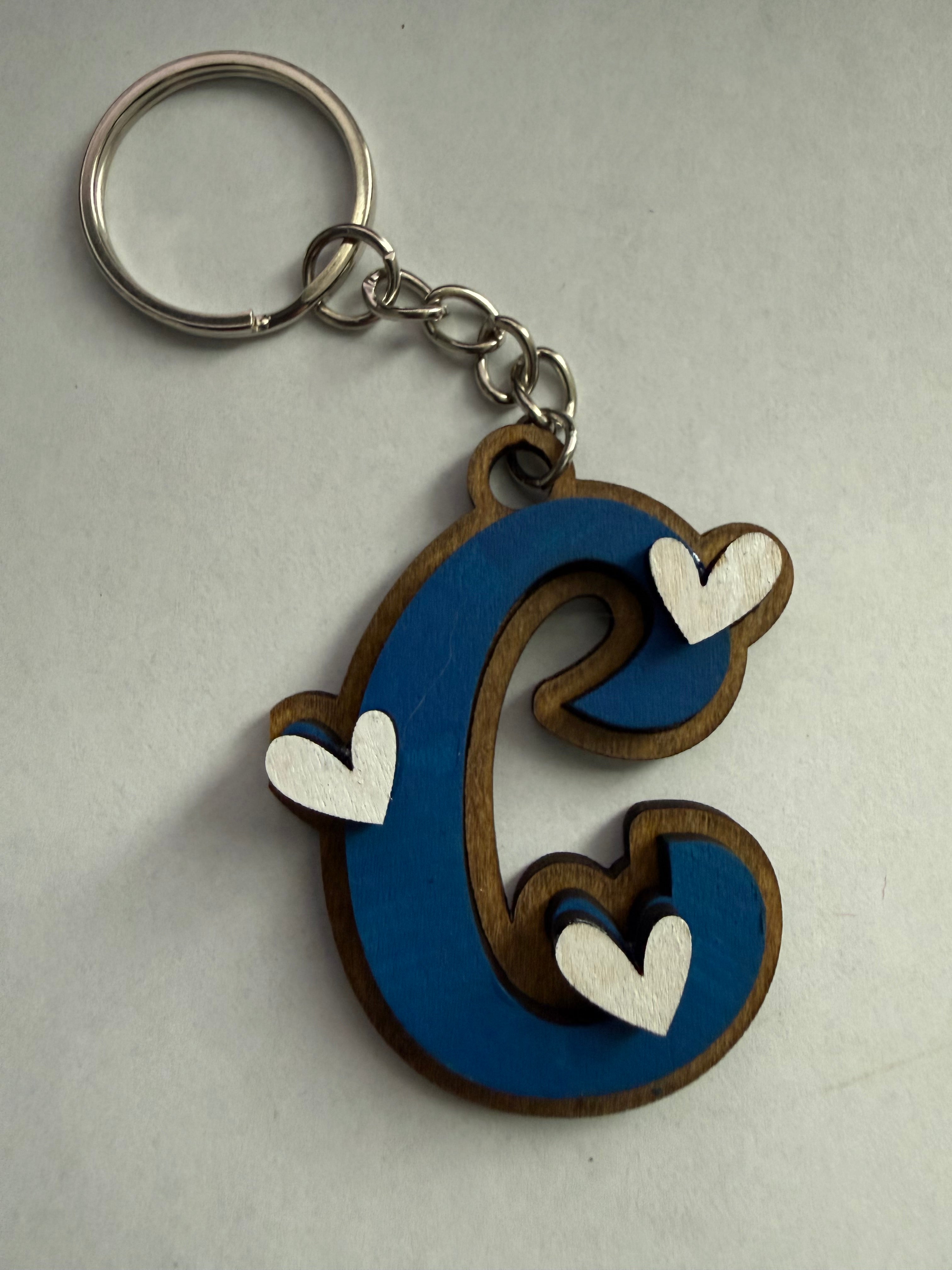 Wood Initial Keychain with Hearts