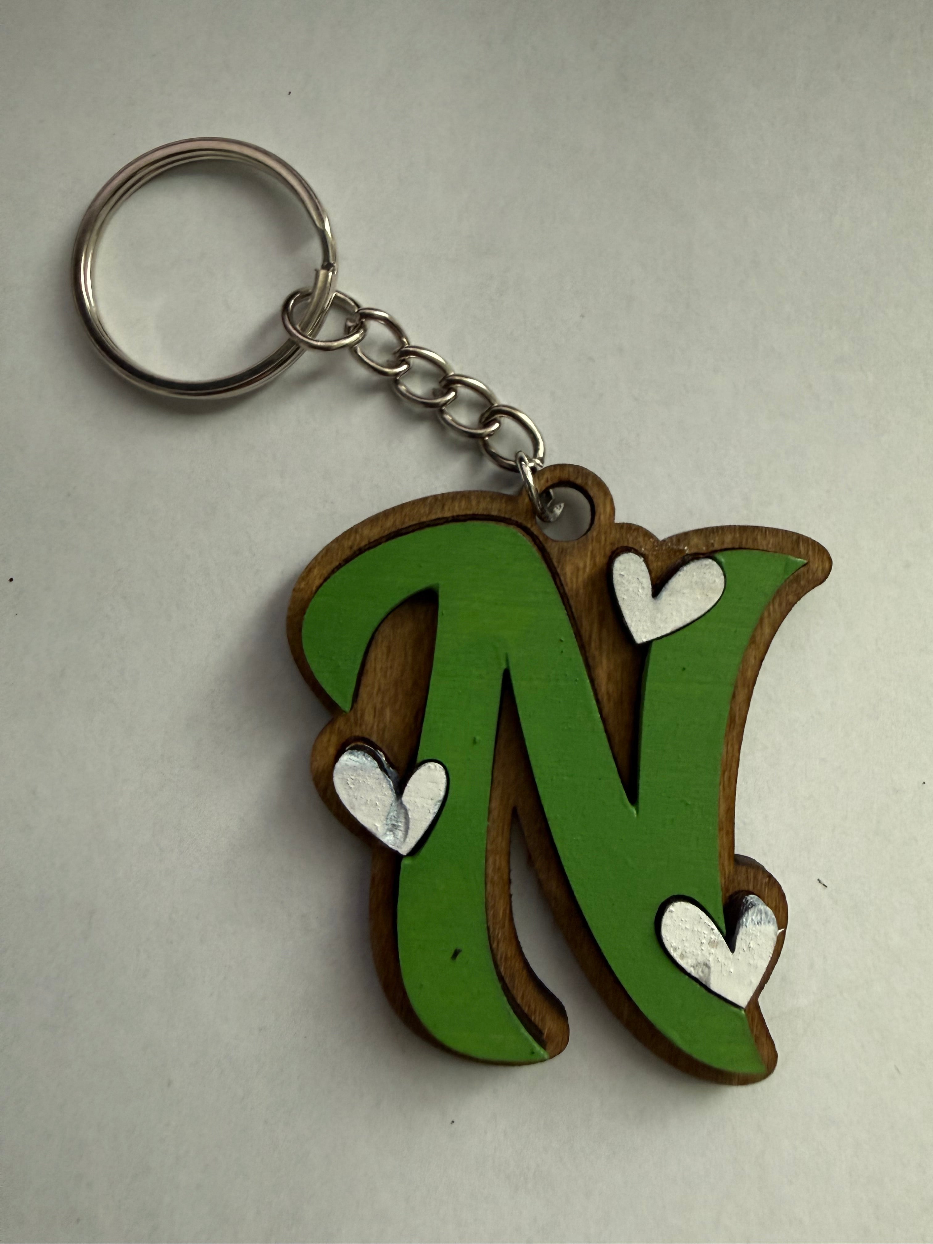 Wood Initial Keychain with Hearts