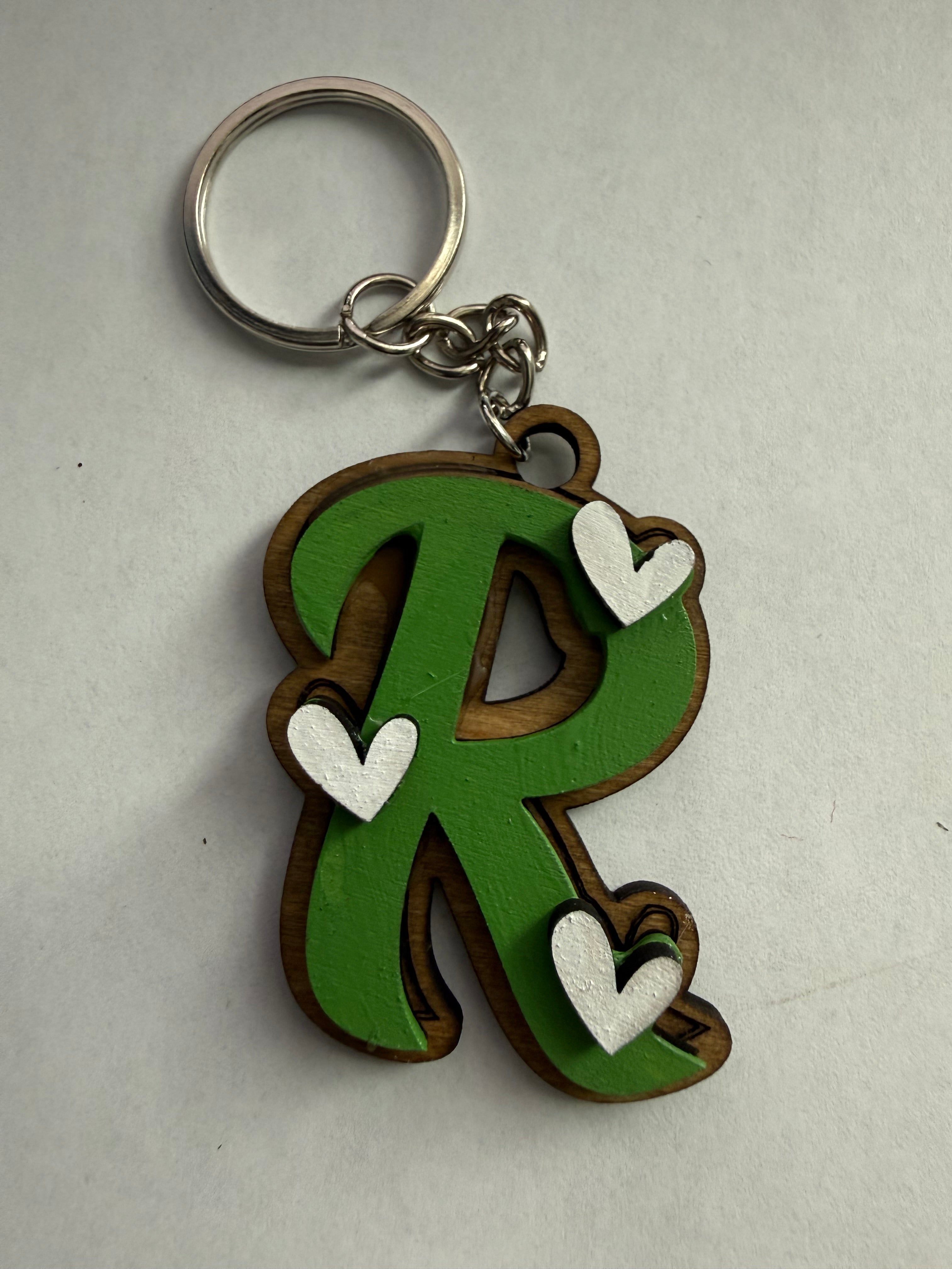 Wood Initial Keychain with Hearts