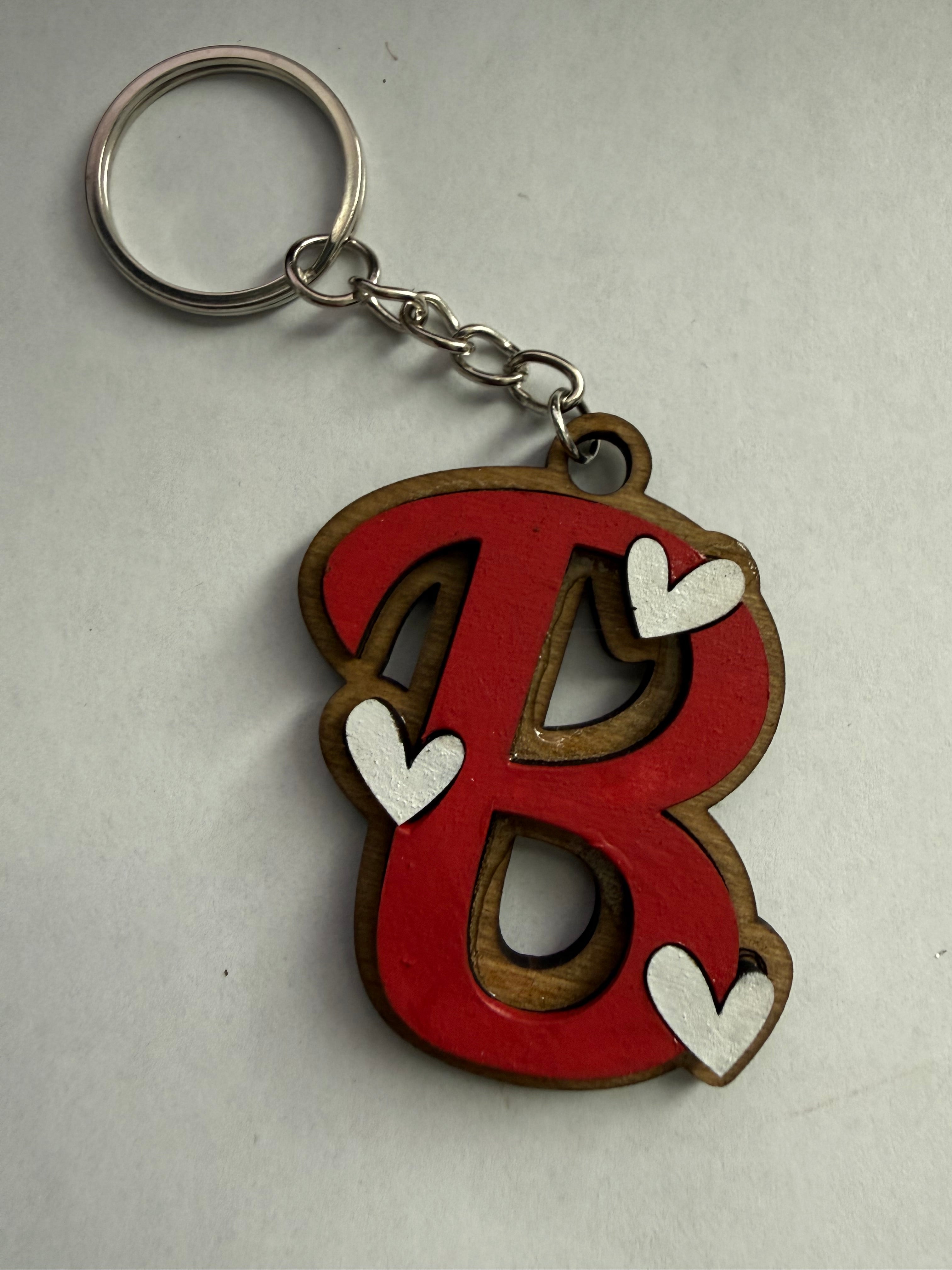 Wood Initial Keychain with Hearts