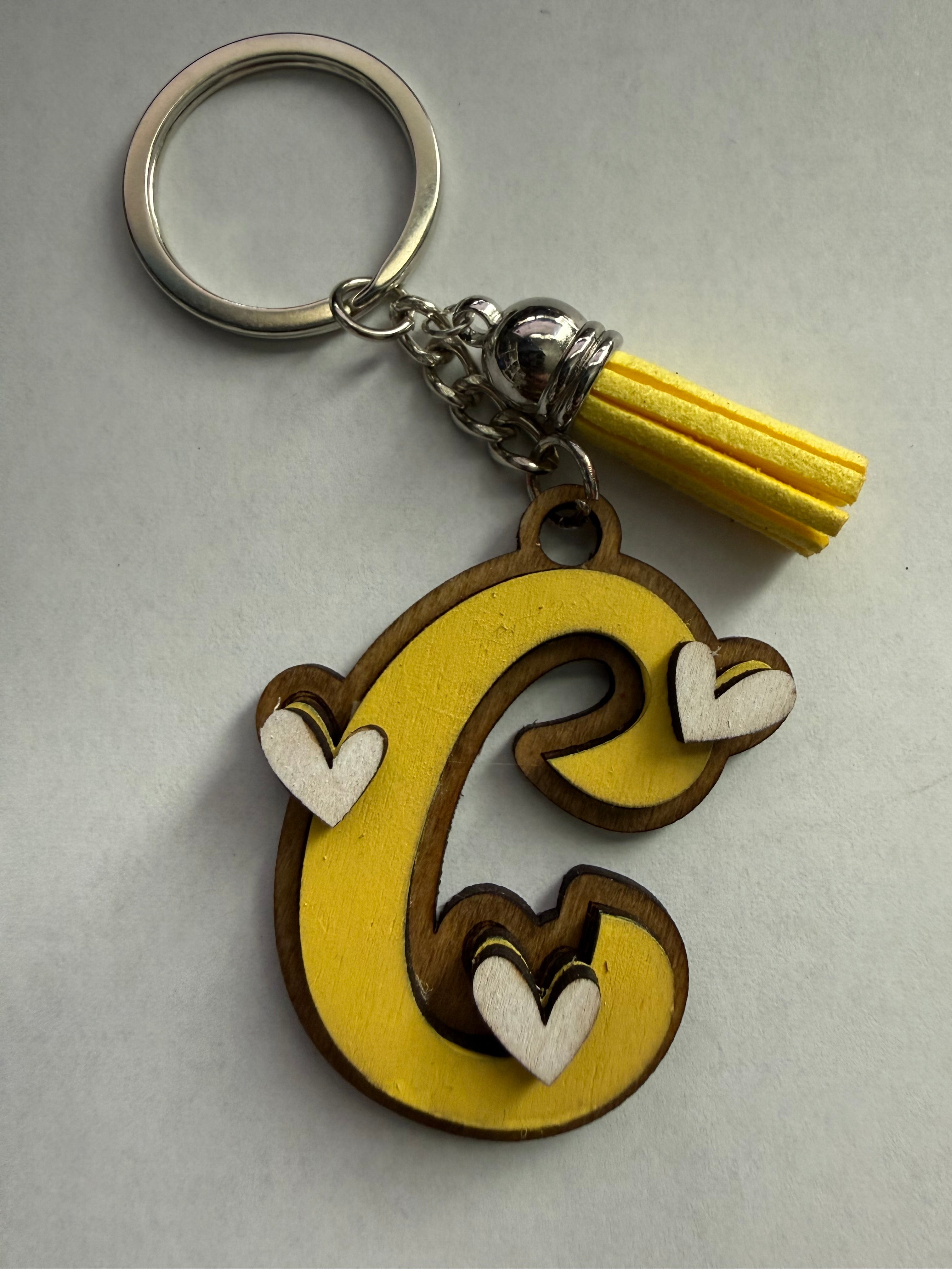 Wood Initial Keychain with Hearts