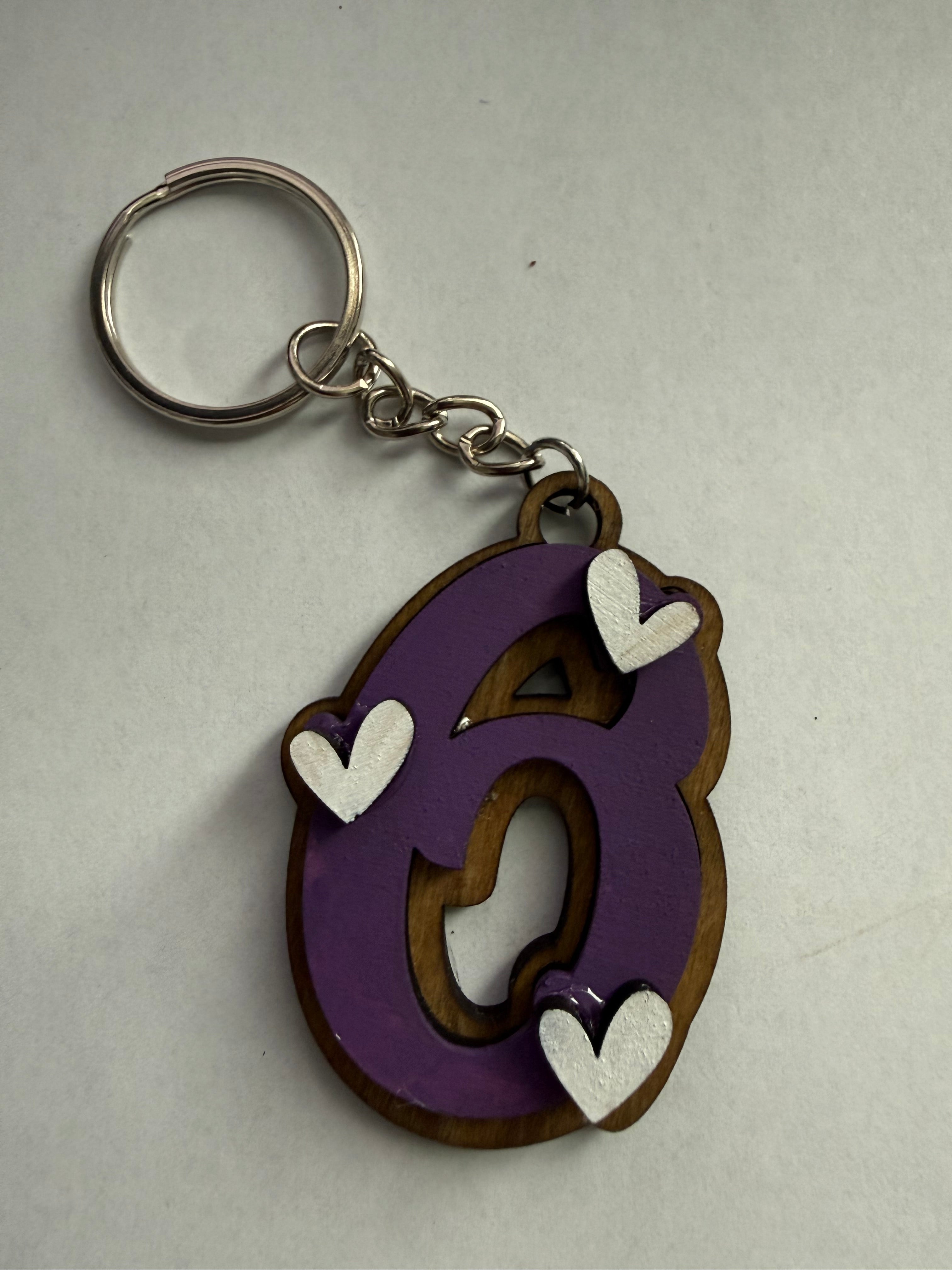 Wood Initial Keychain with Hearts