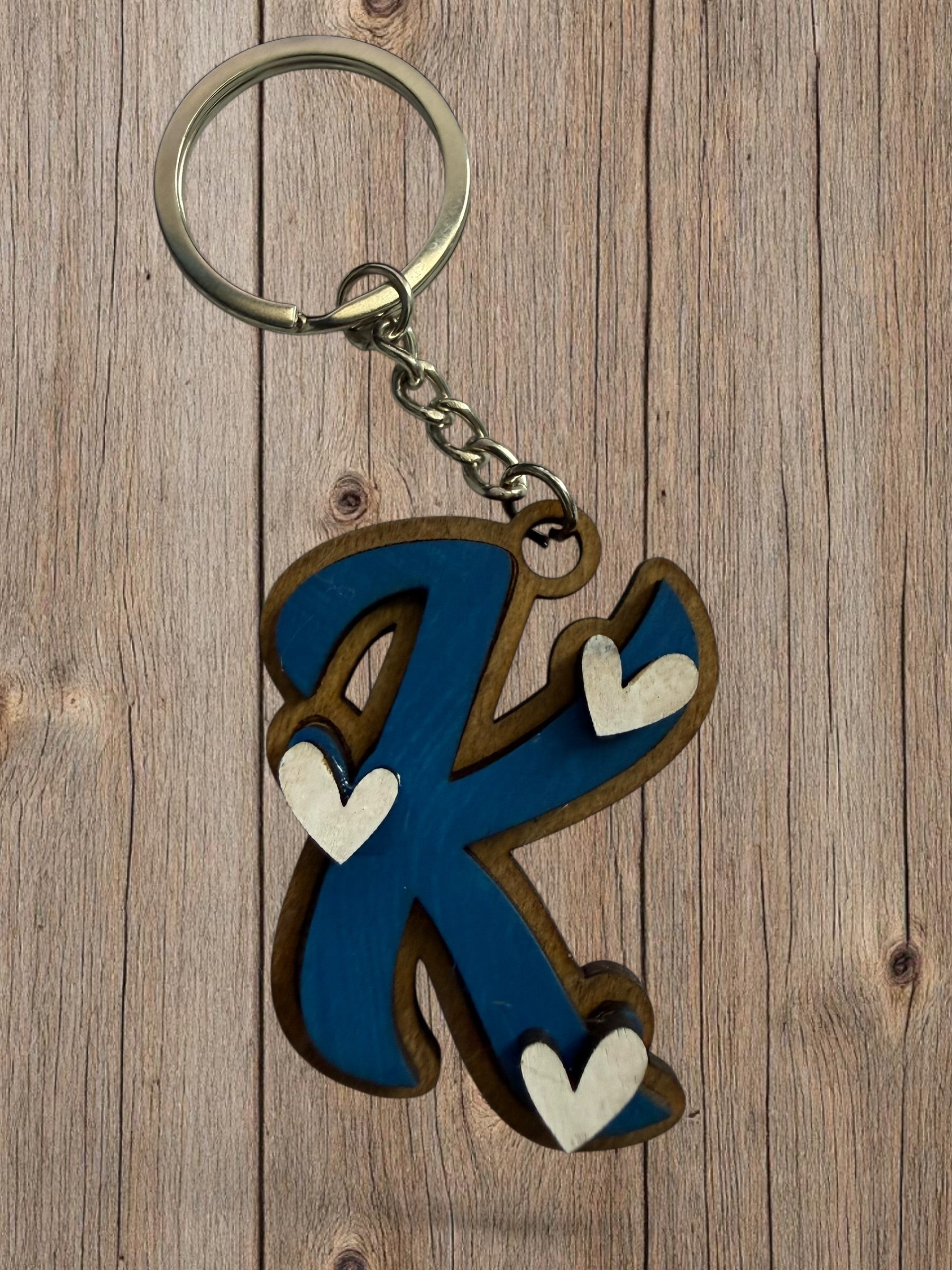 Wood Initial Keychain with Hearts