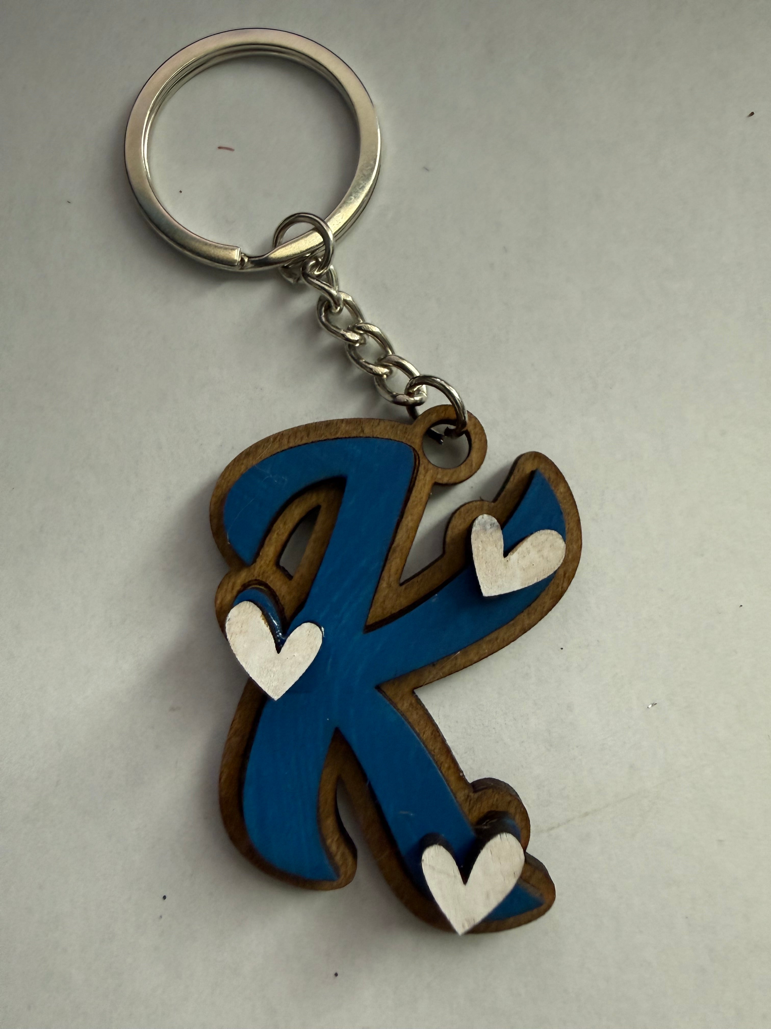 Wood Initial Keychain with Hearts