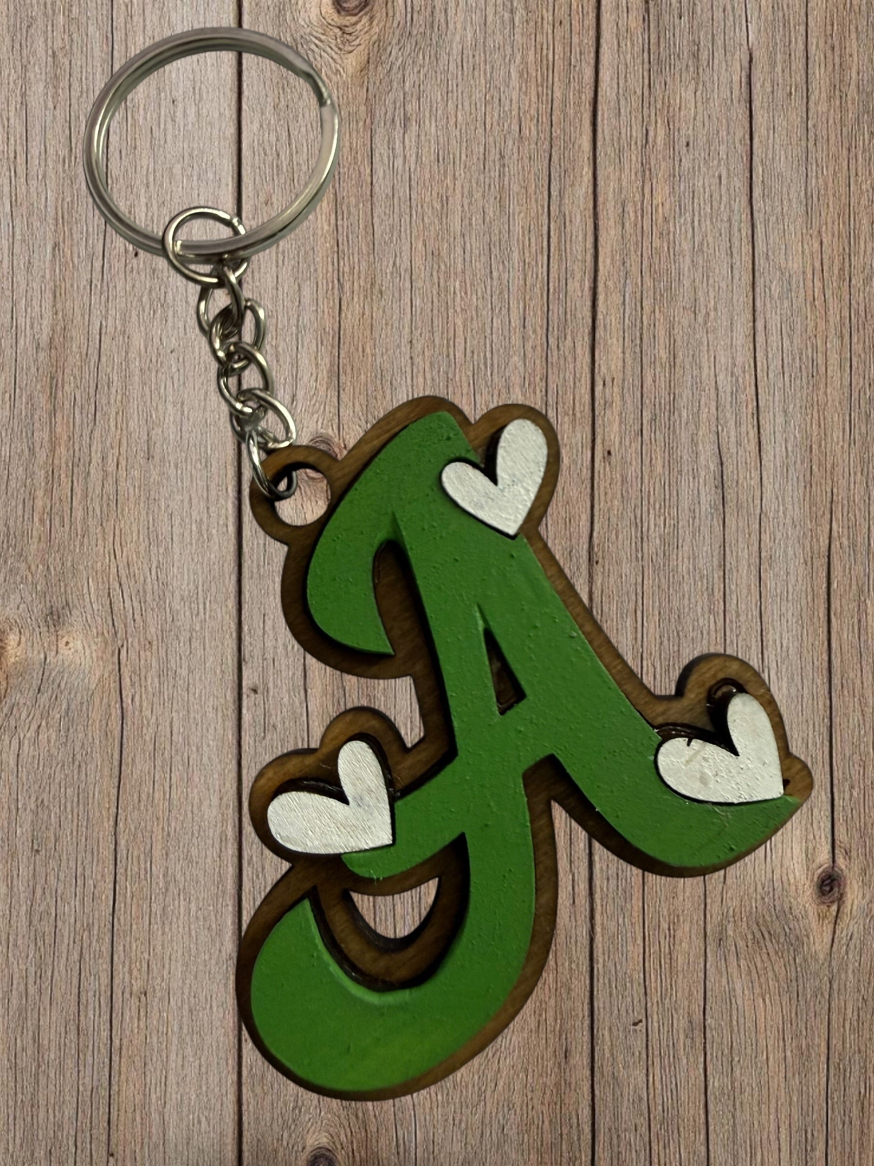Wood Initial Keychain with Hearts