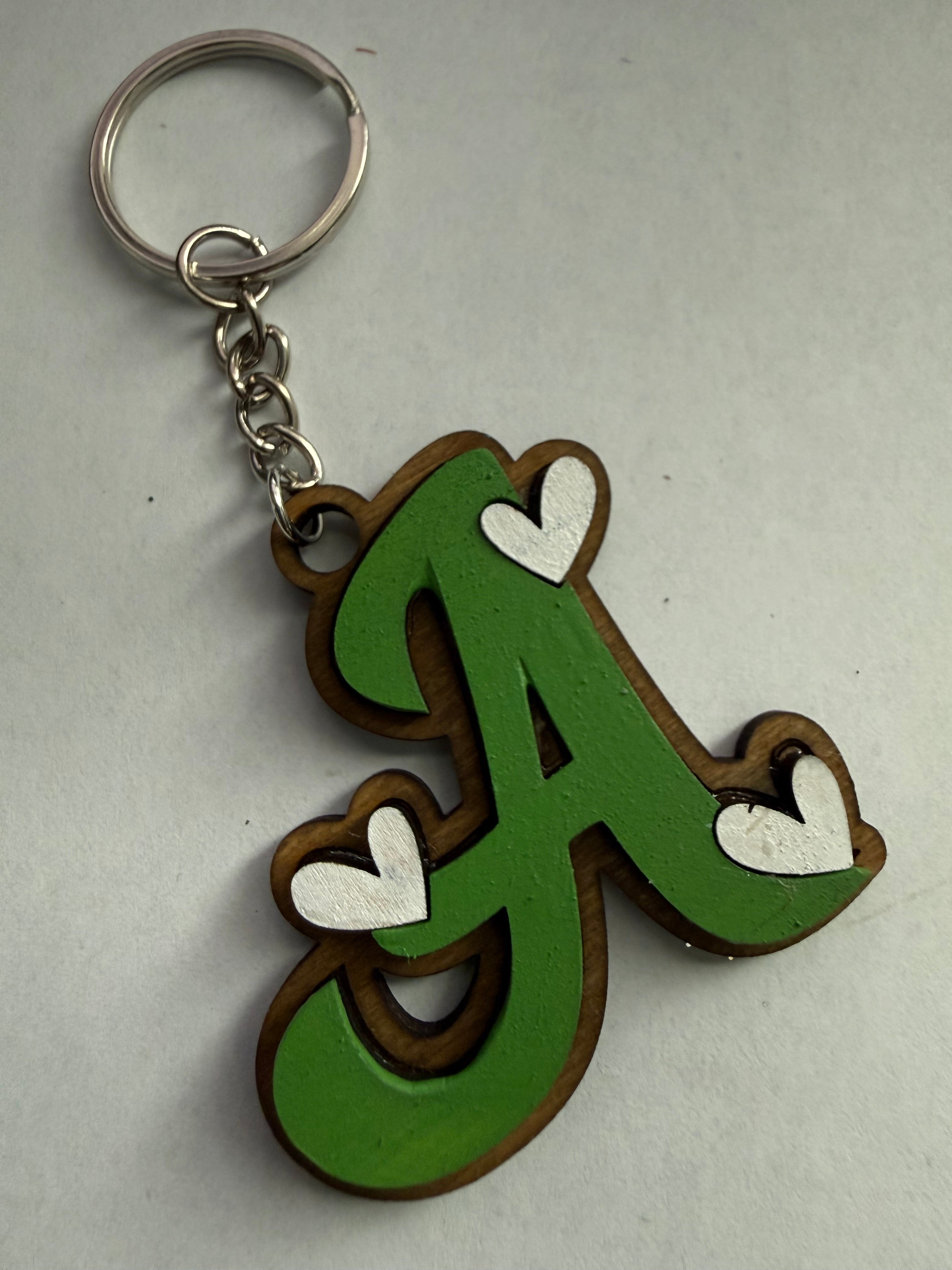 Wood Initial Keychain with Hearts