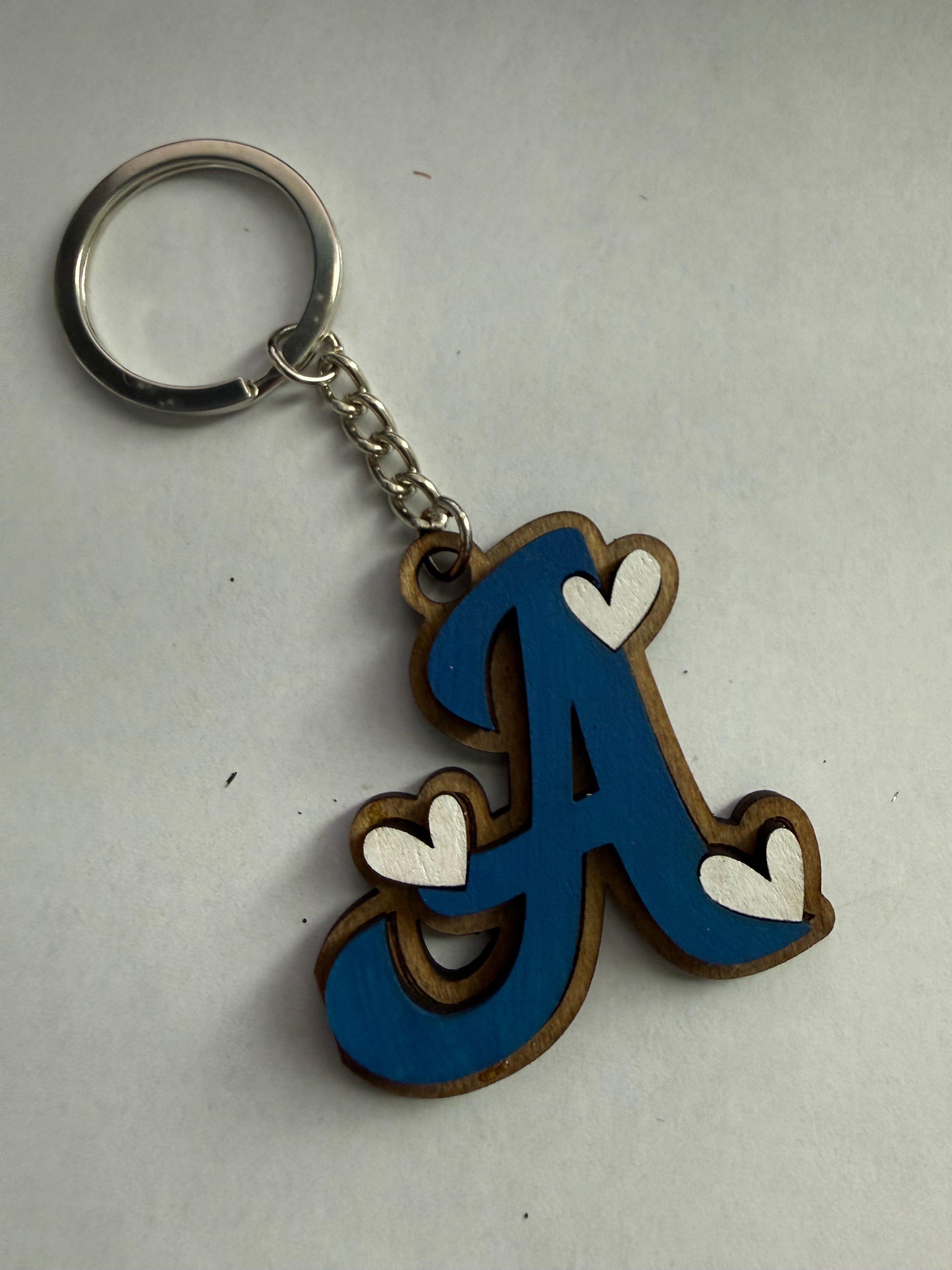 Wood Initial Keychain with Hearts
