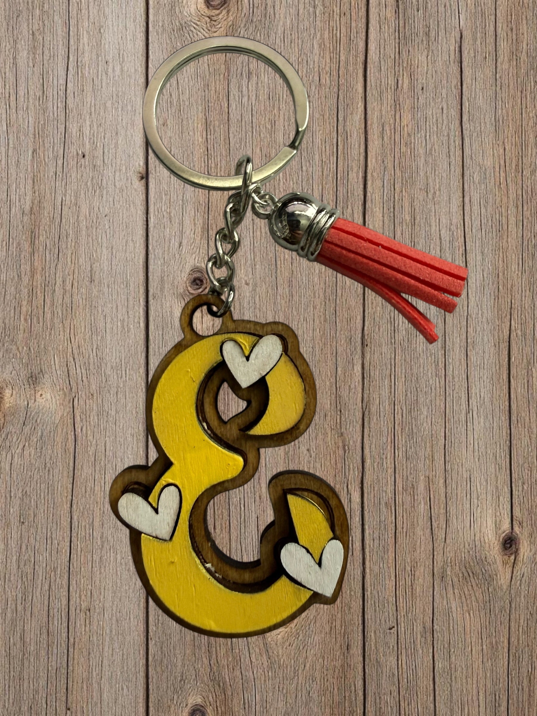 Wood Initial Keychain with Hearts