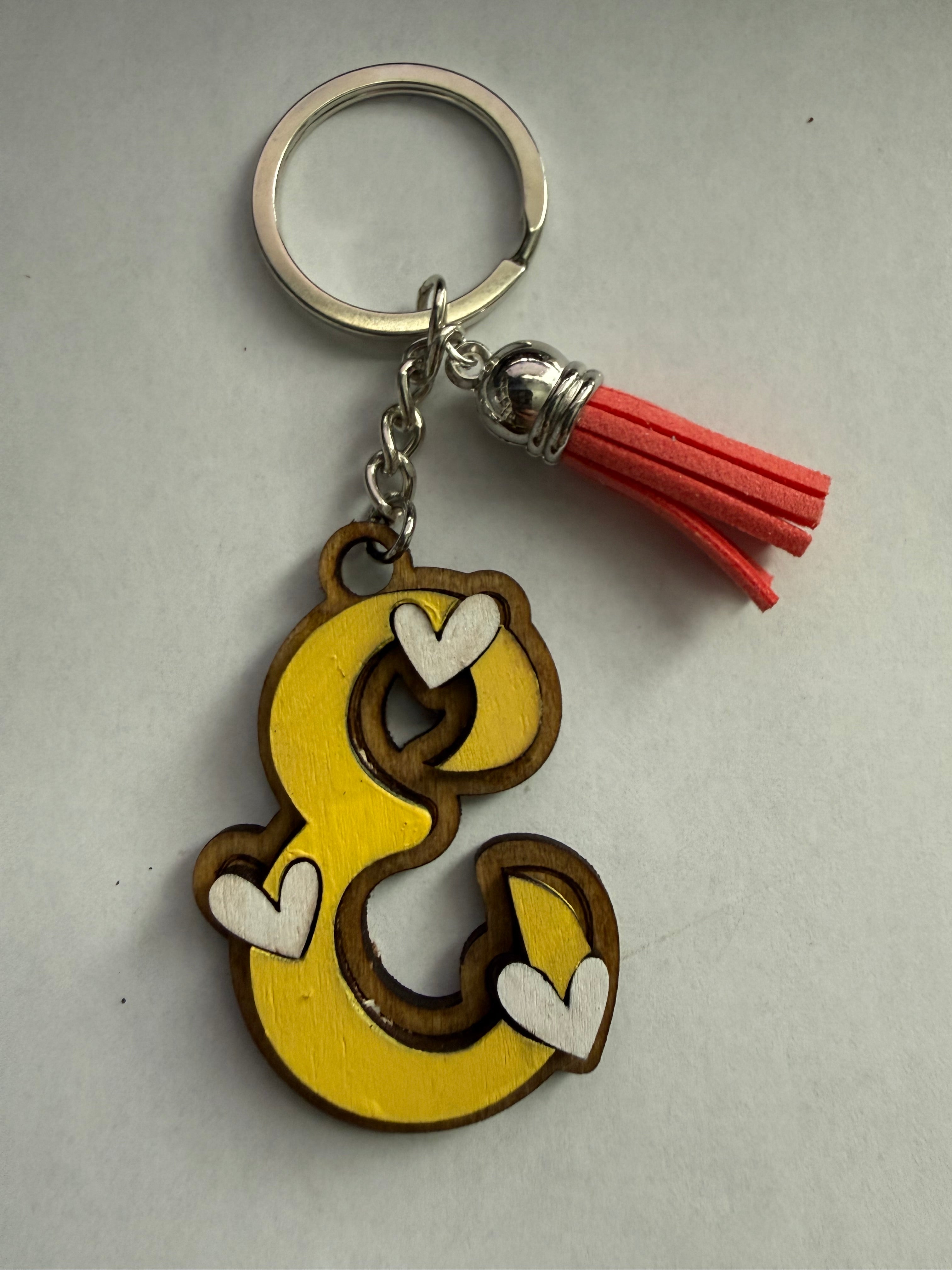Wood Initial Keychain with Hearts