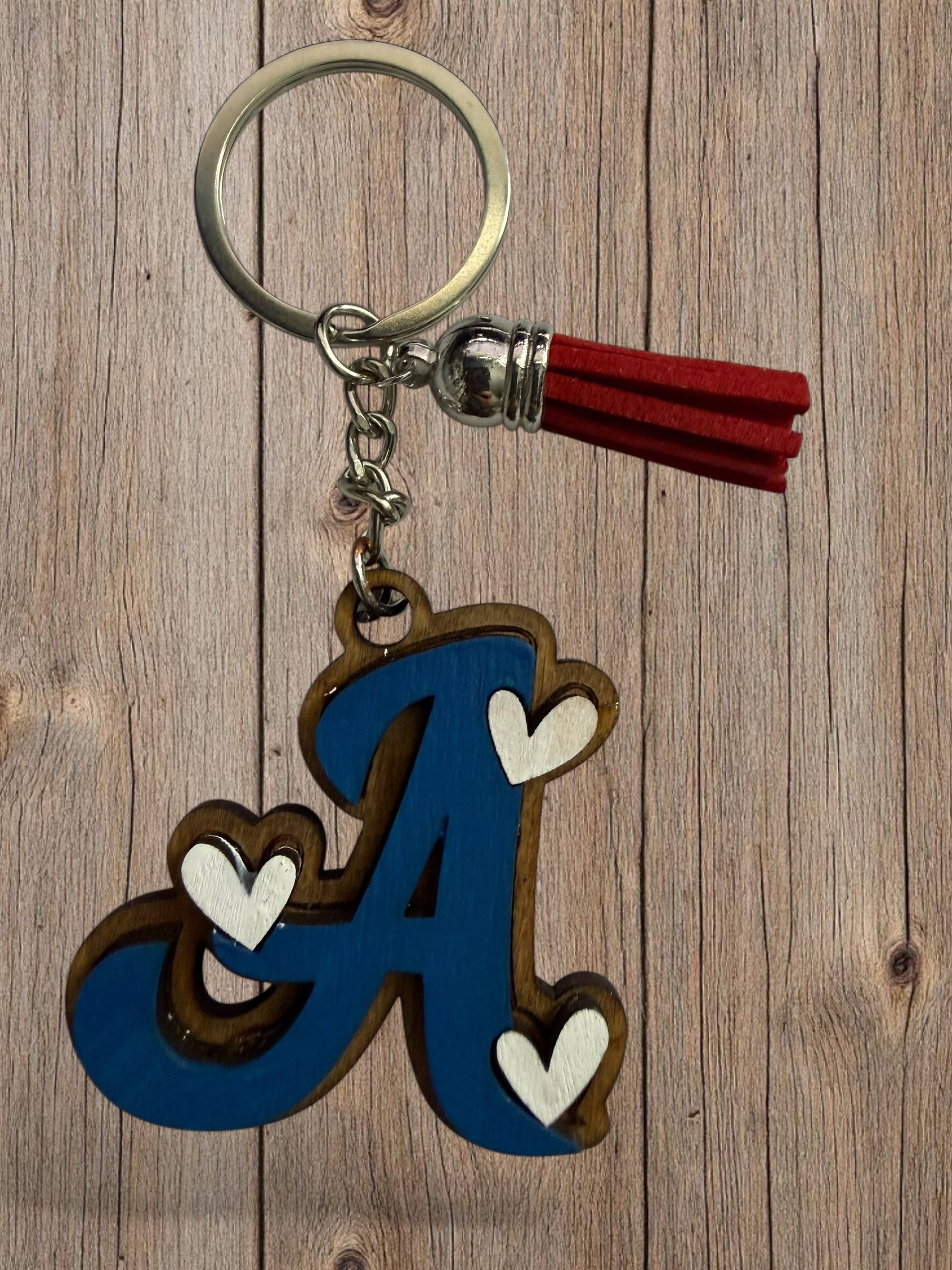 Wood Initial Keychain with Hearts