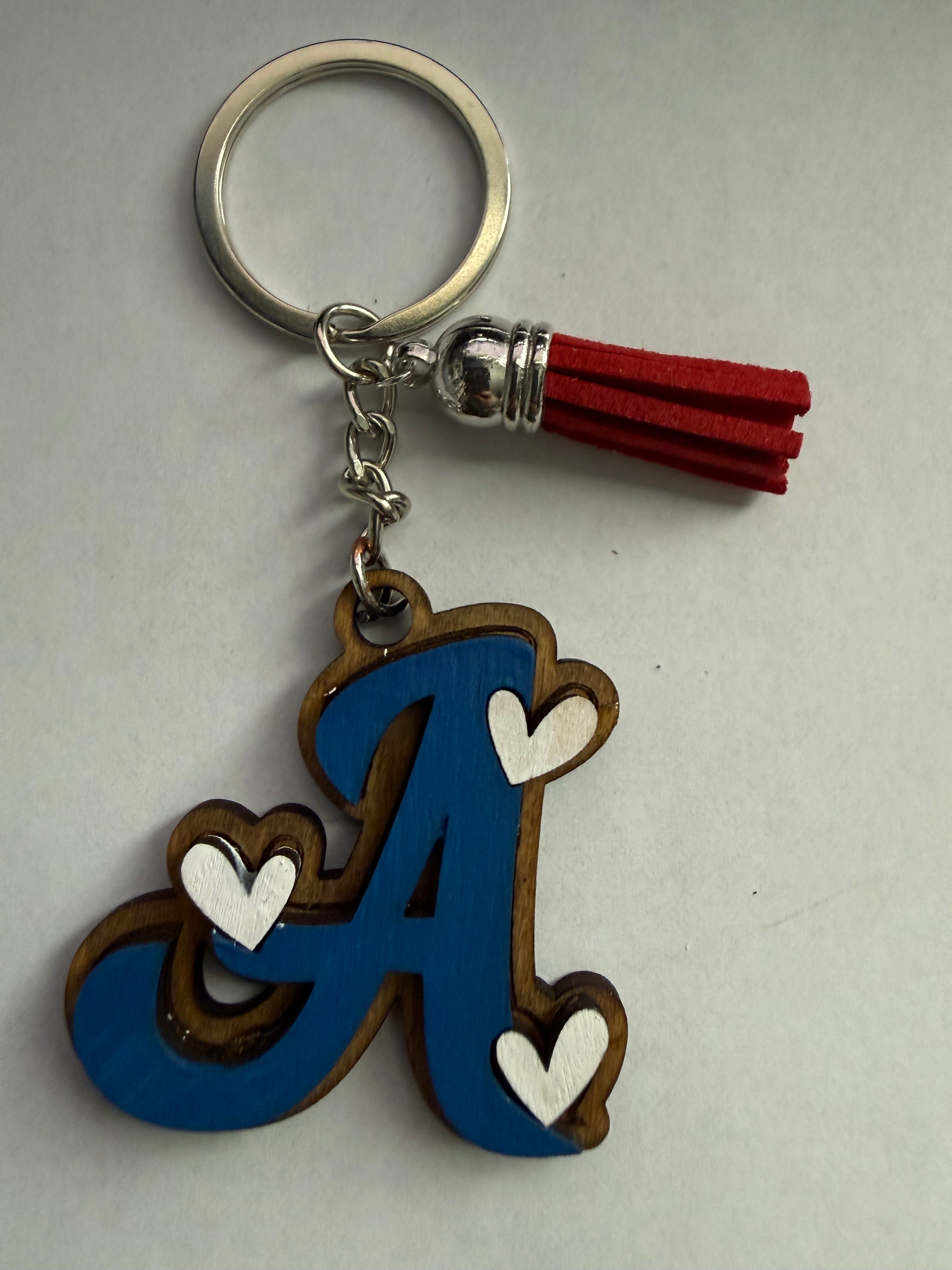 Wood Initial Keychain with Hearts