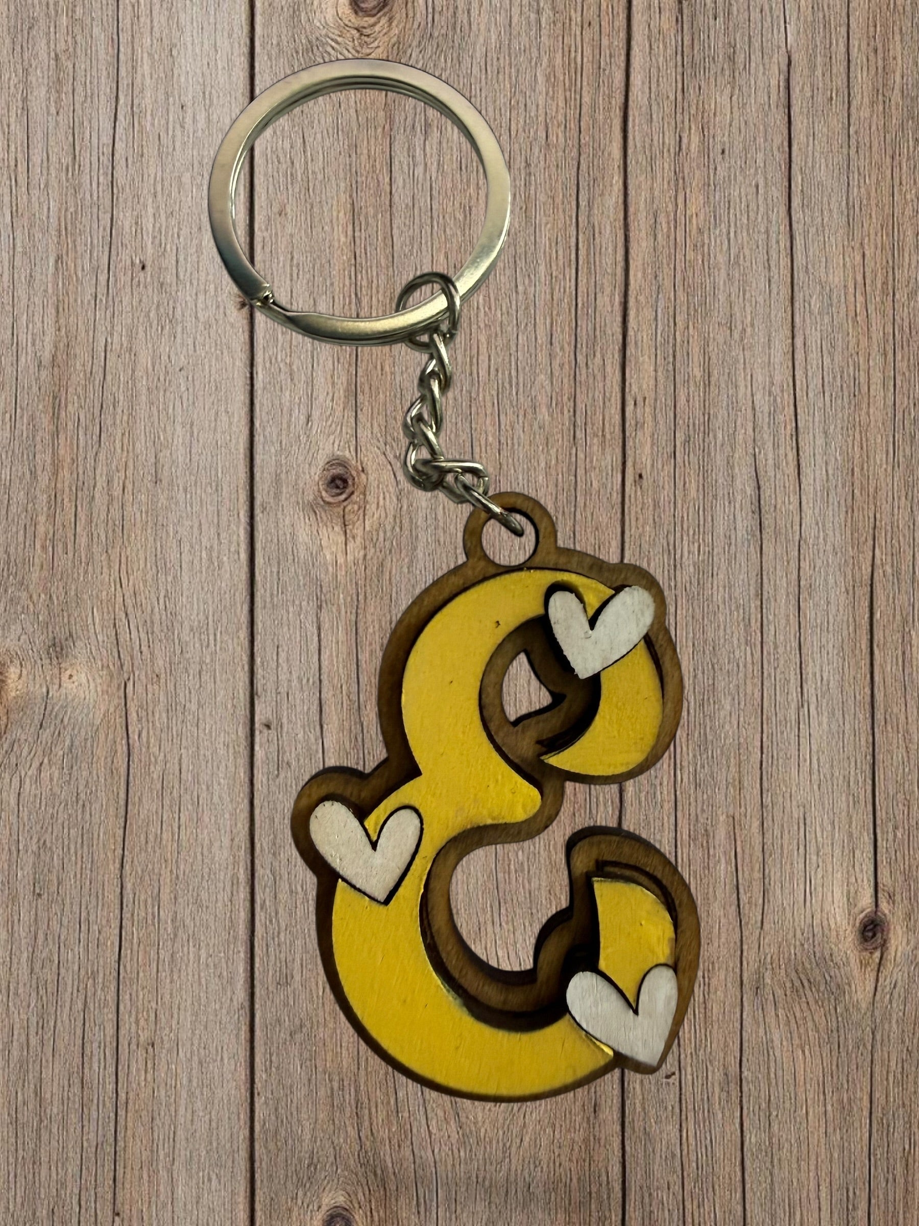 Wood Initial Keychain with Hearts