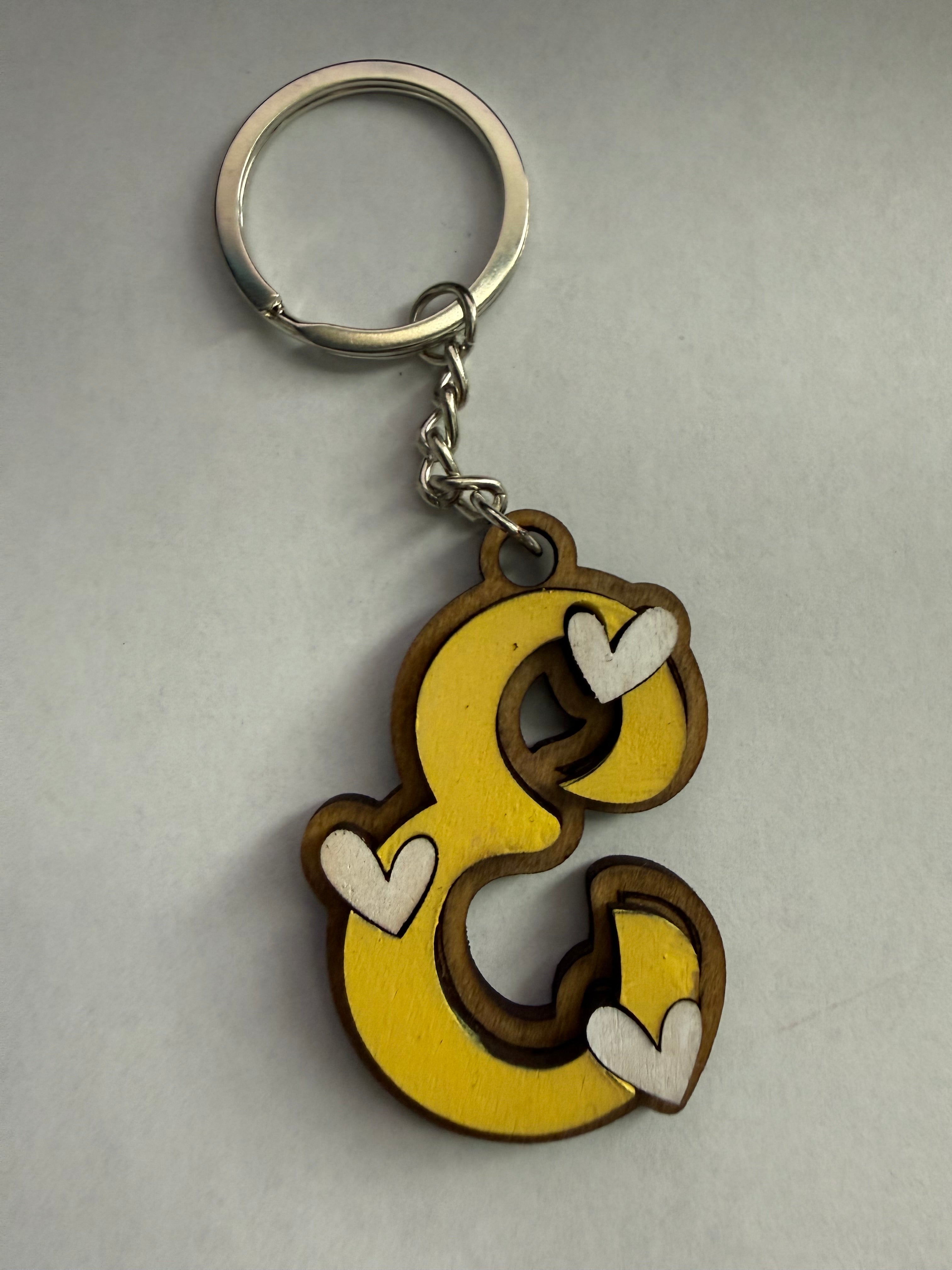 Wood Initial Keychain with Hearts