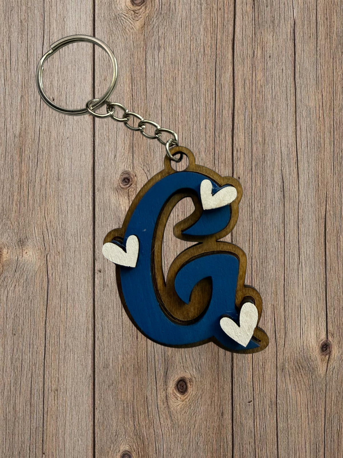 Wood Initial Keychain with Hearts