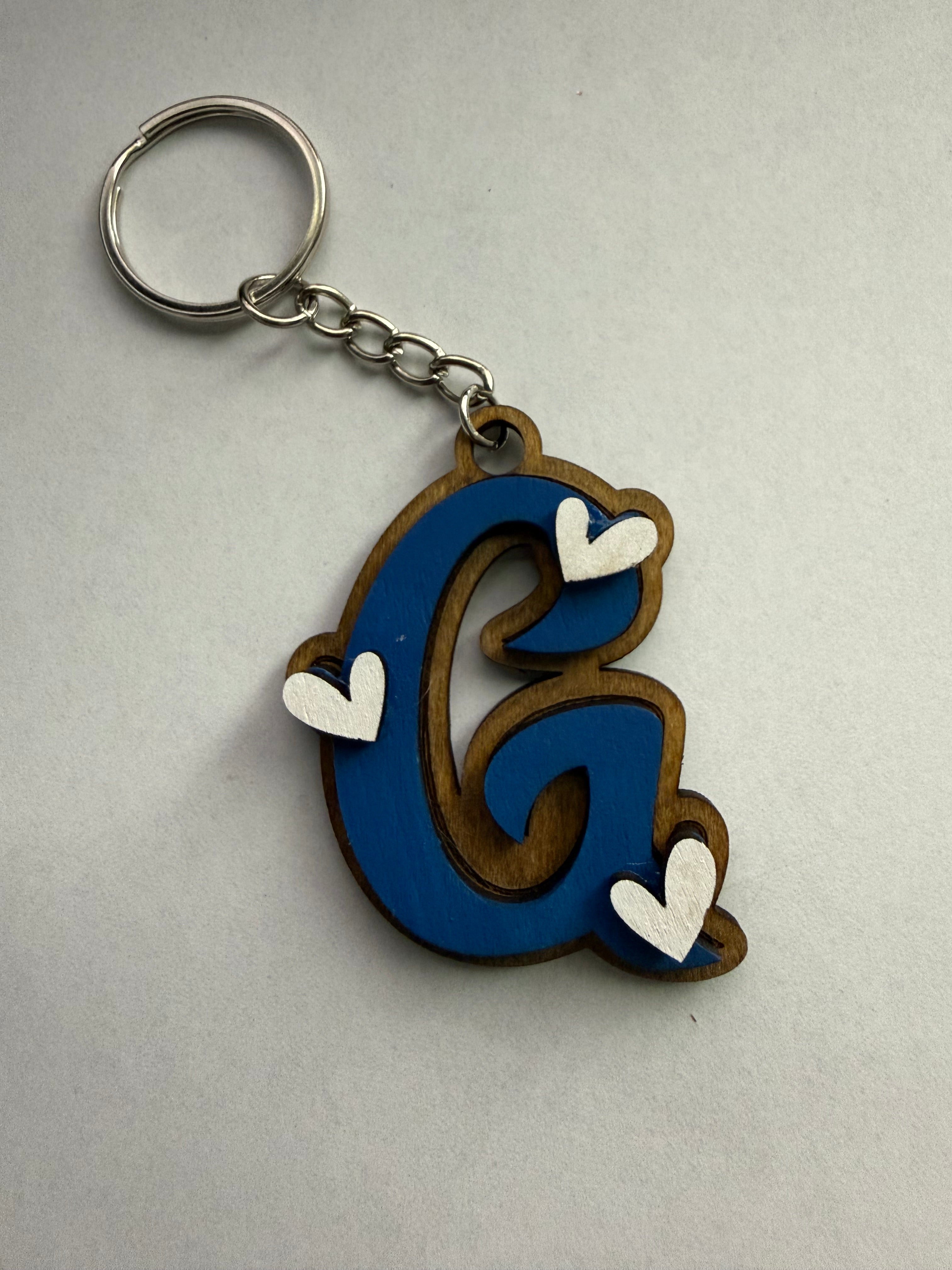 Wood Initial Keychain with Hearts