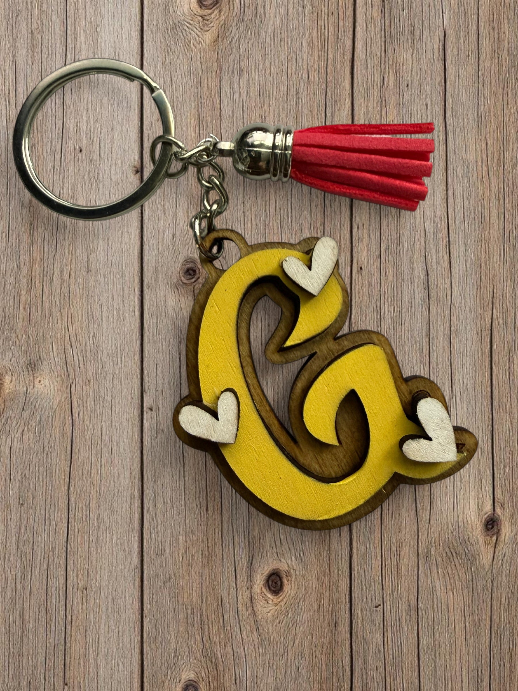 Wood Initial Keychain with Hearts
