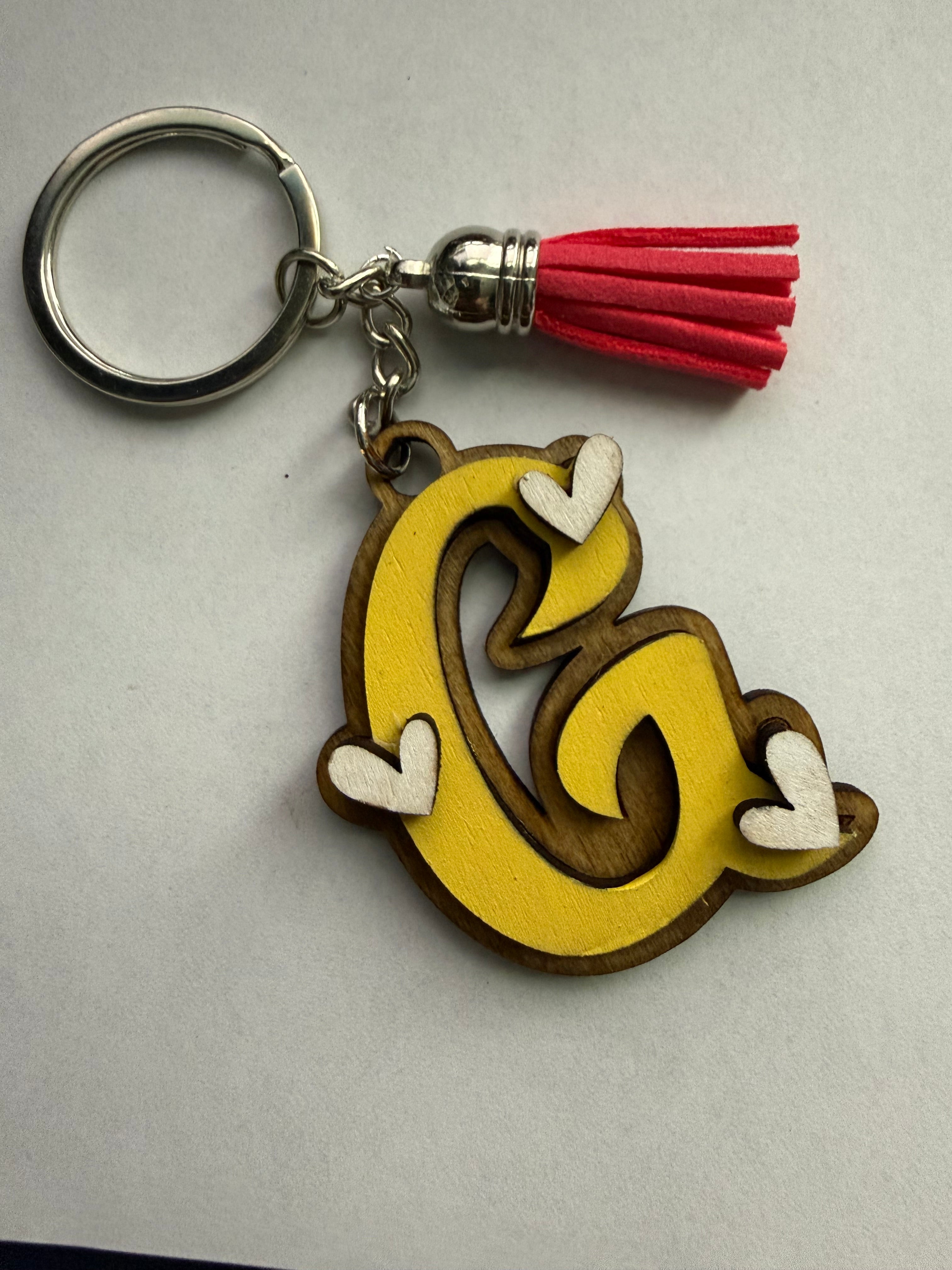 Wood Initial Keychain with Hearts