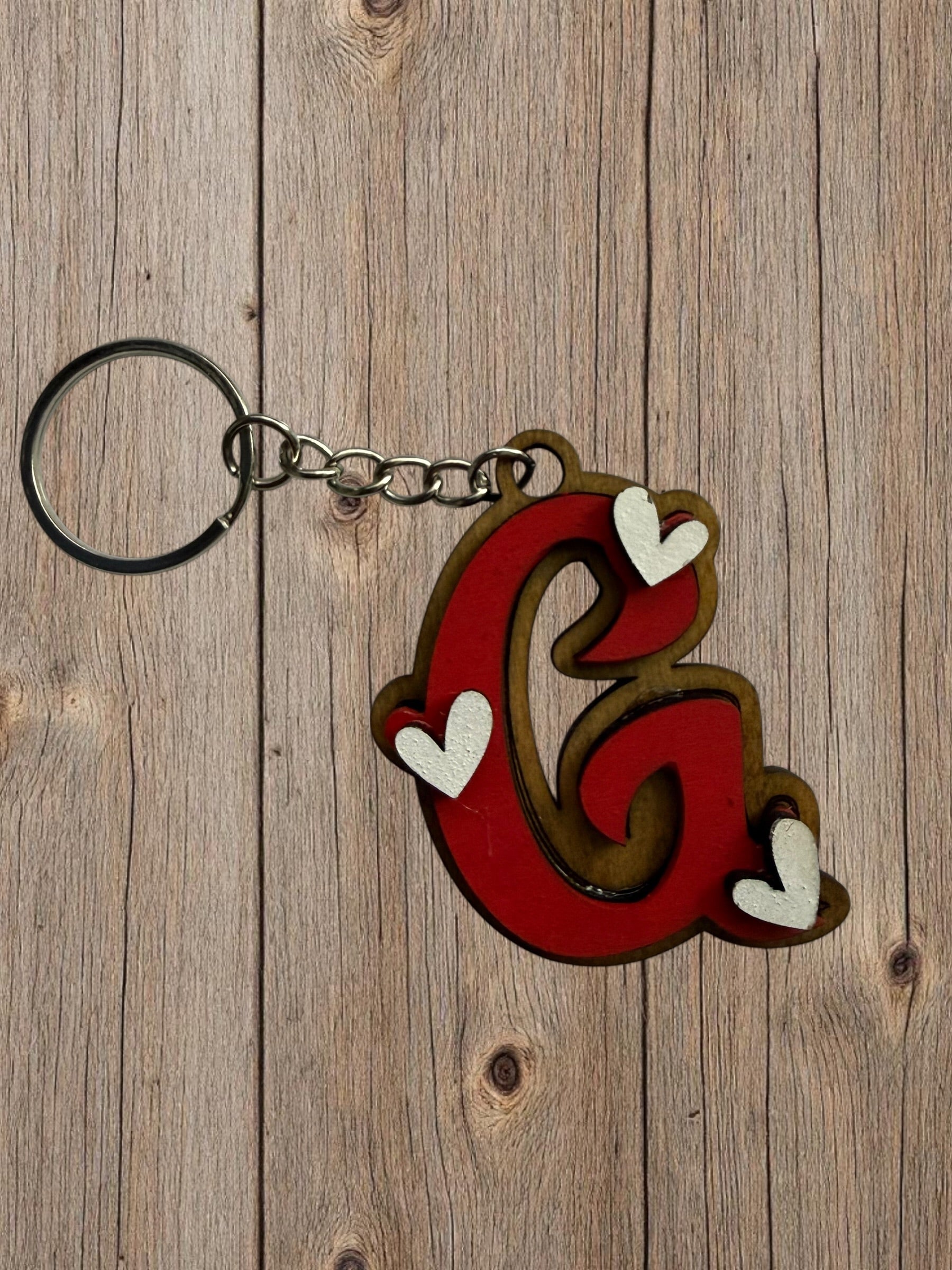 Wood Initial Keychain with Hearts