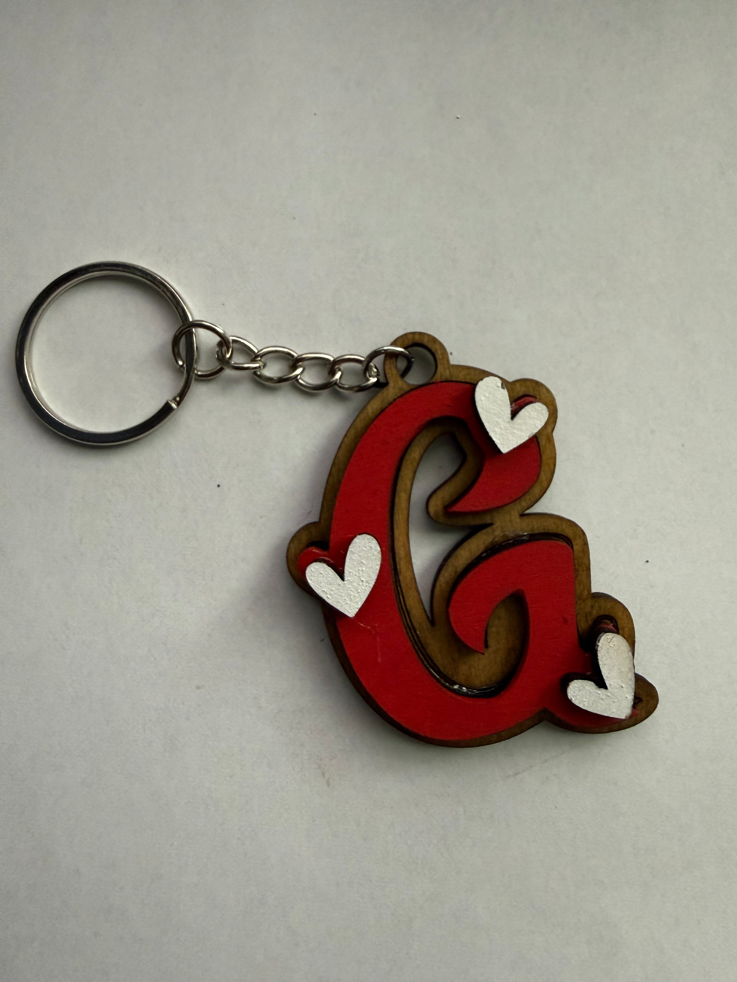 Wood Initial Keychain with Hearts