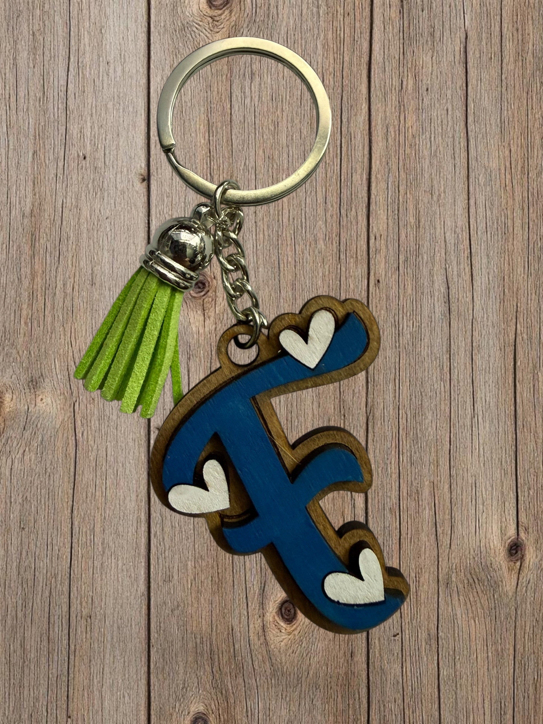 Wood Initial Keychain with Hearts