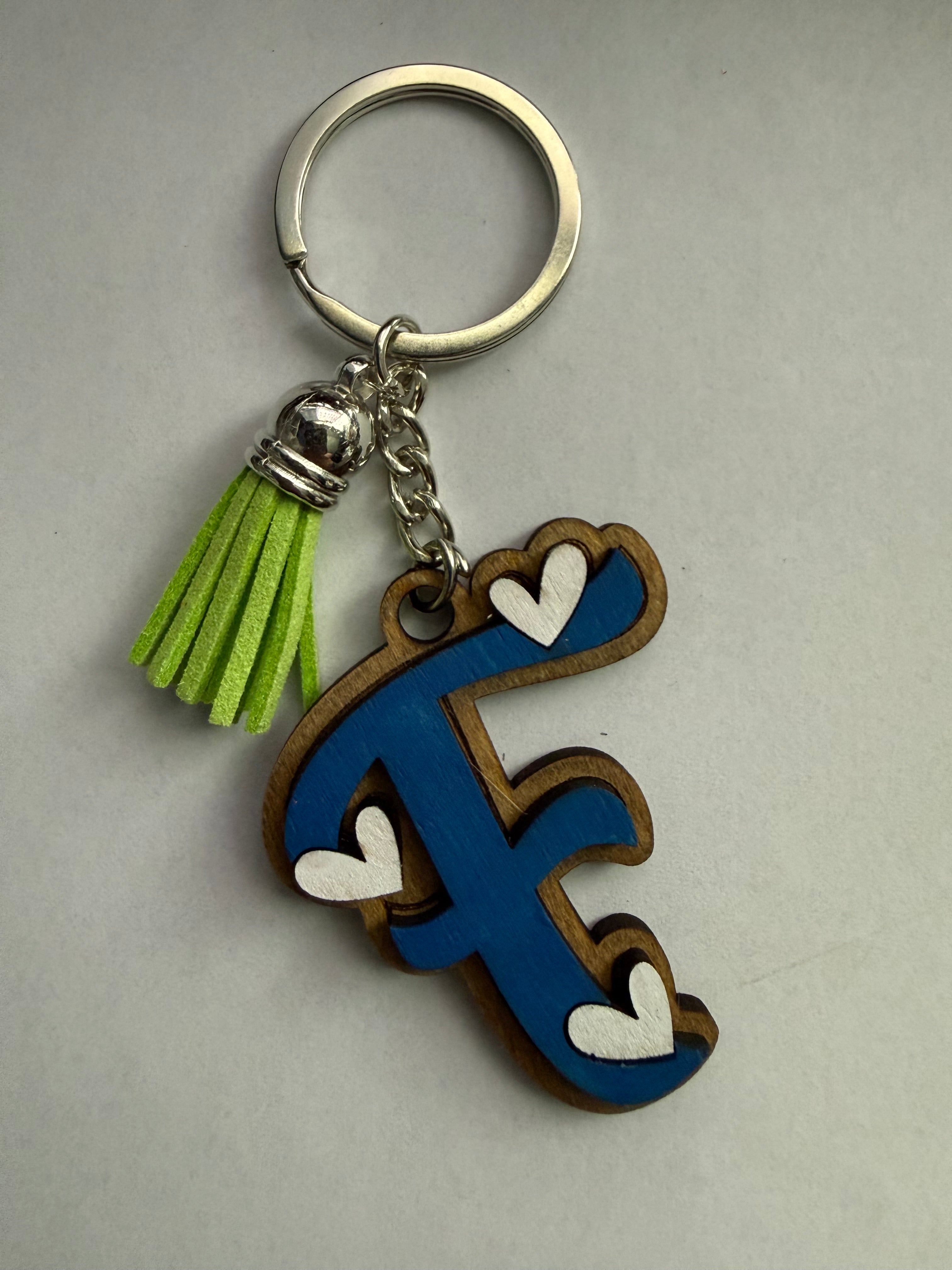 Wood Initial Keychain with Hearts