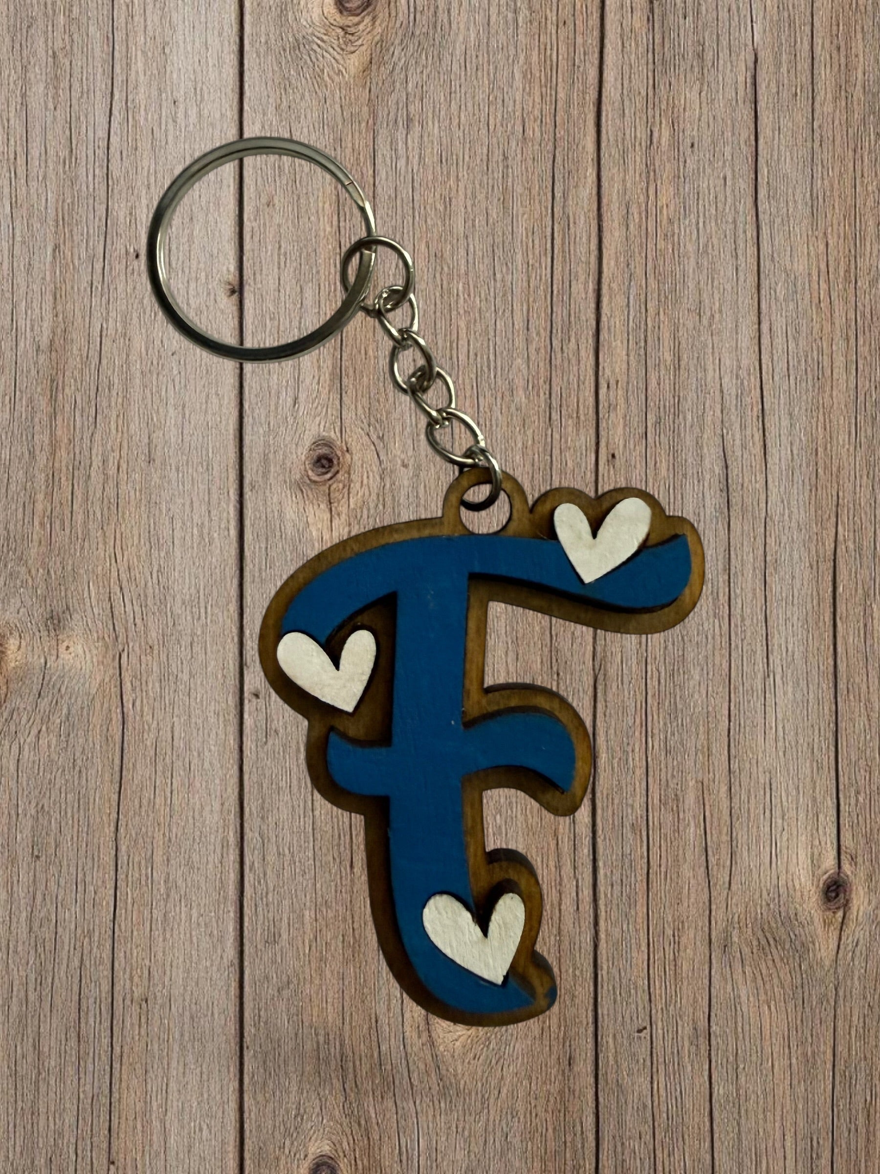 Wood Initial Keychain with Hearts