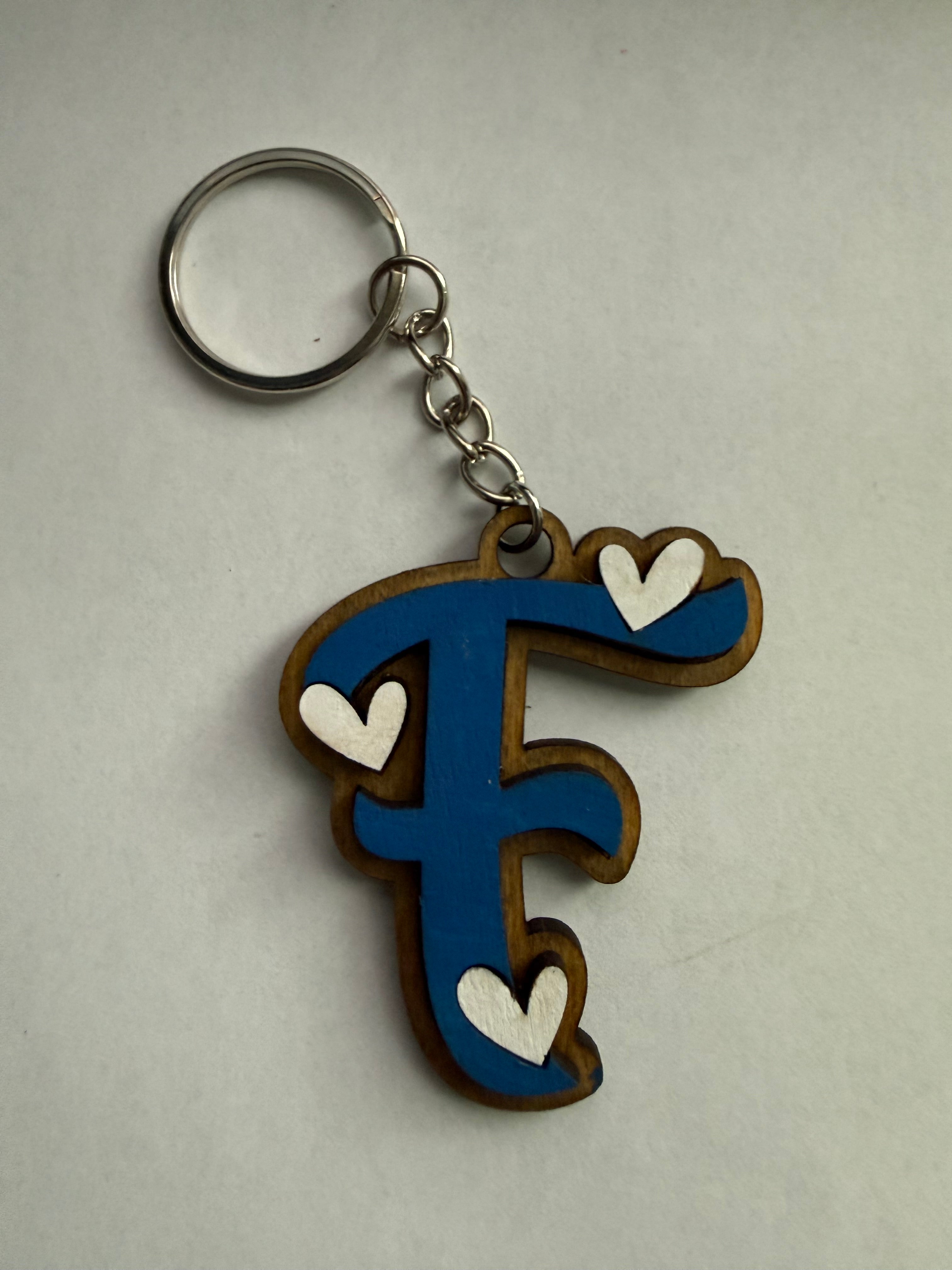 Wood Initial Keychain with Hearts