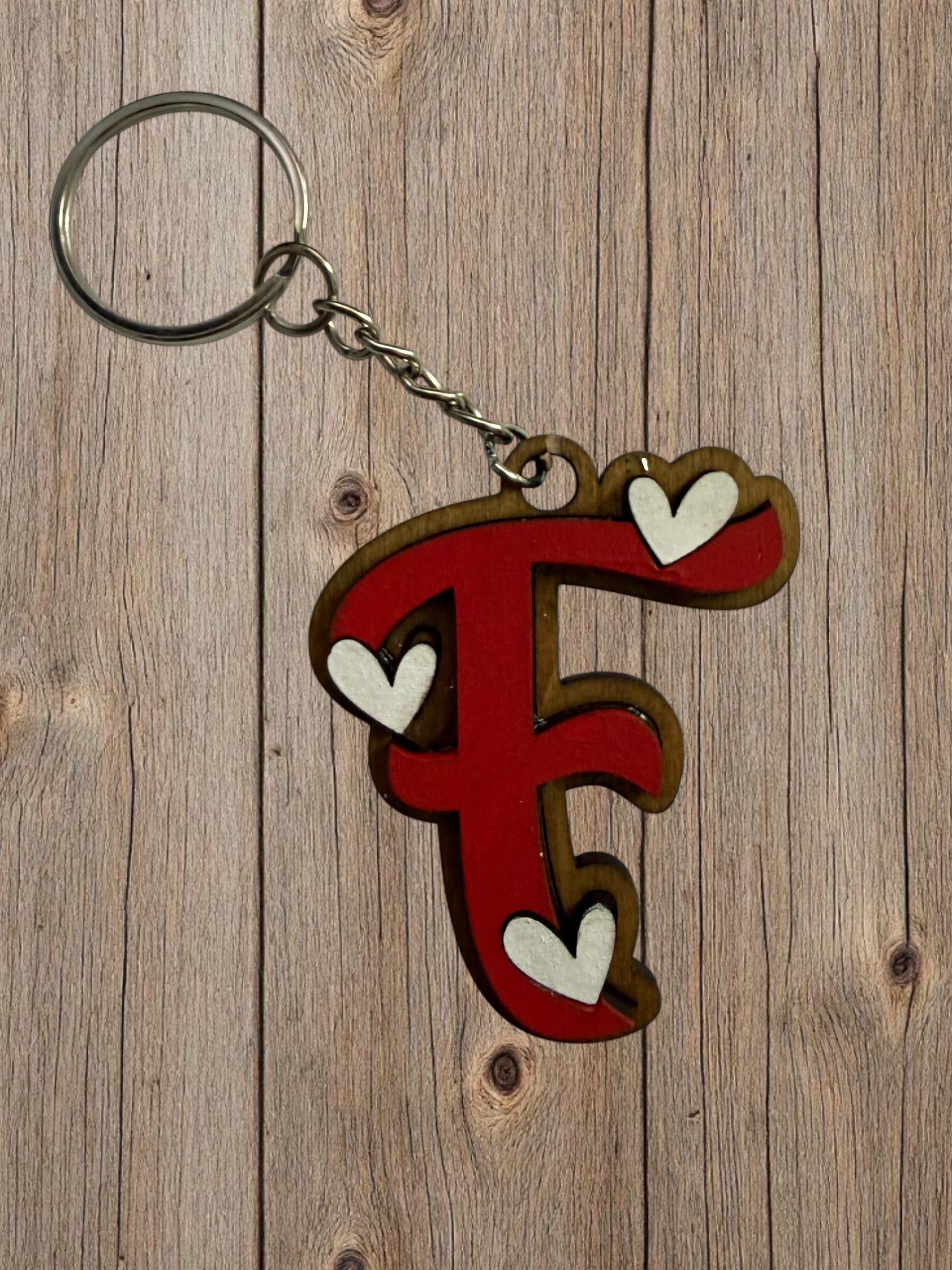 Wood Initial Keychain with Hearts