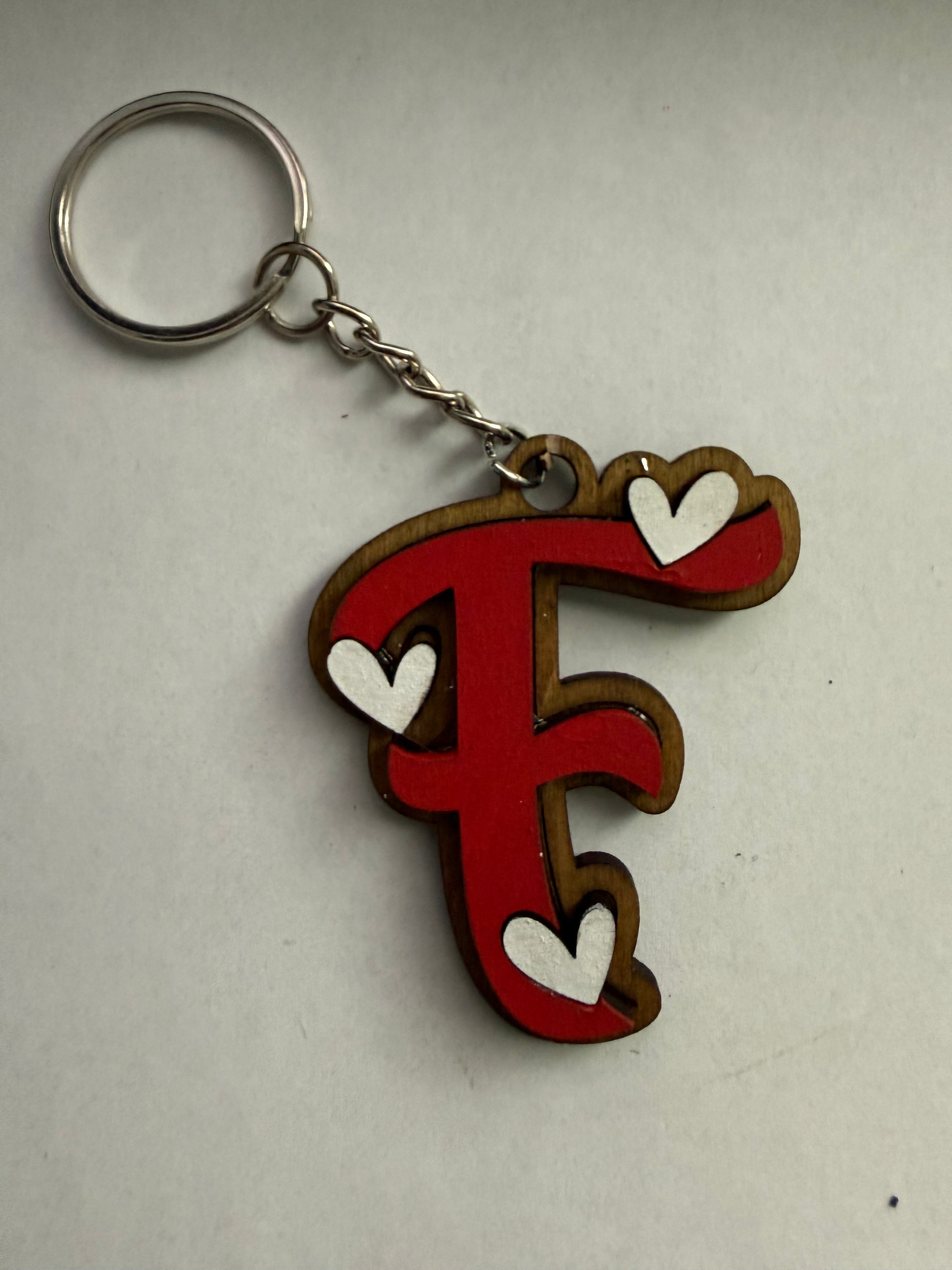 Wood Initial Keychain with Hearts