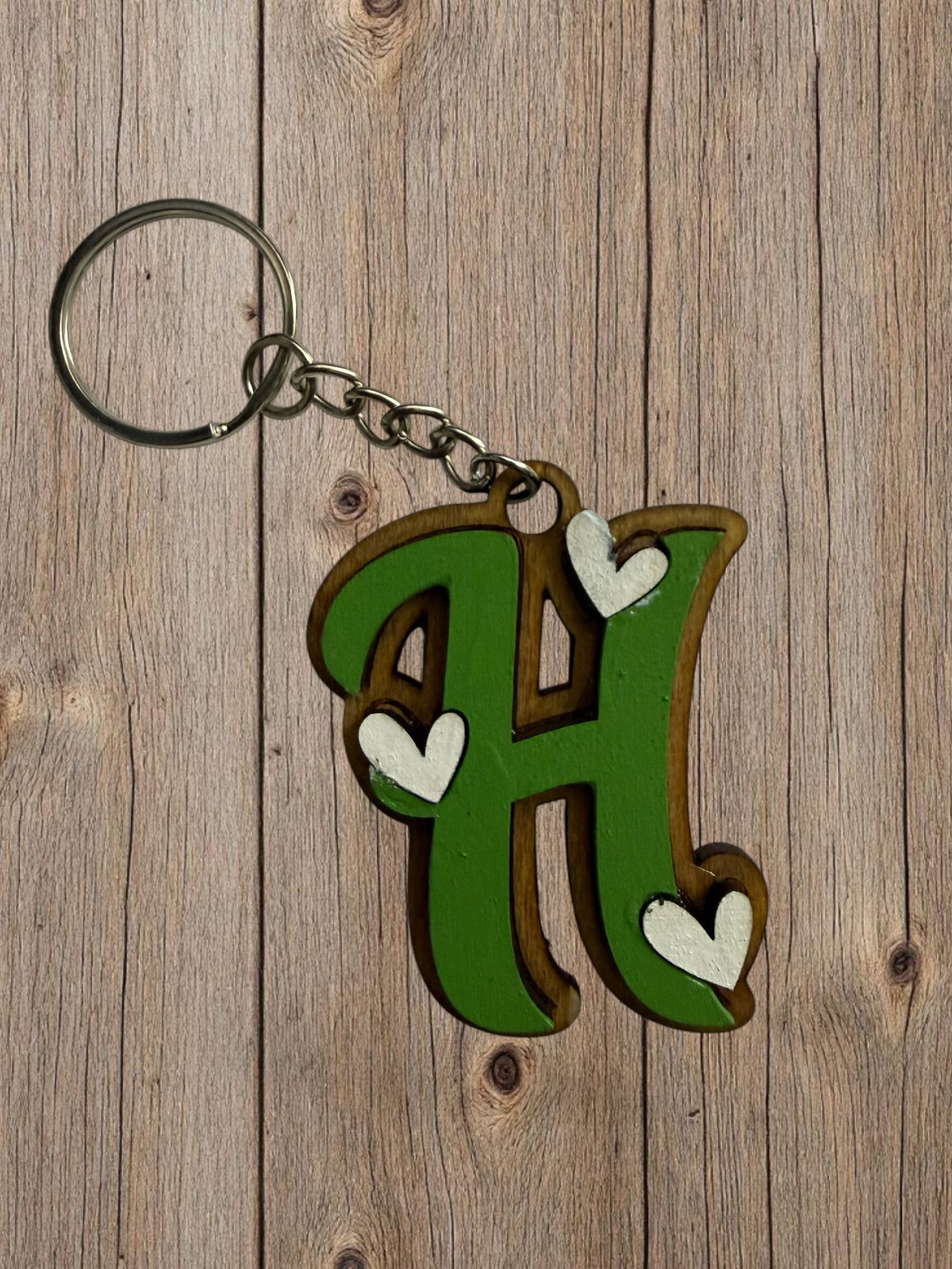 Wood Initial Keychain with Hearts