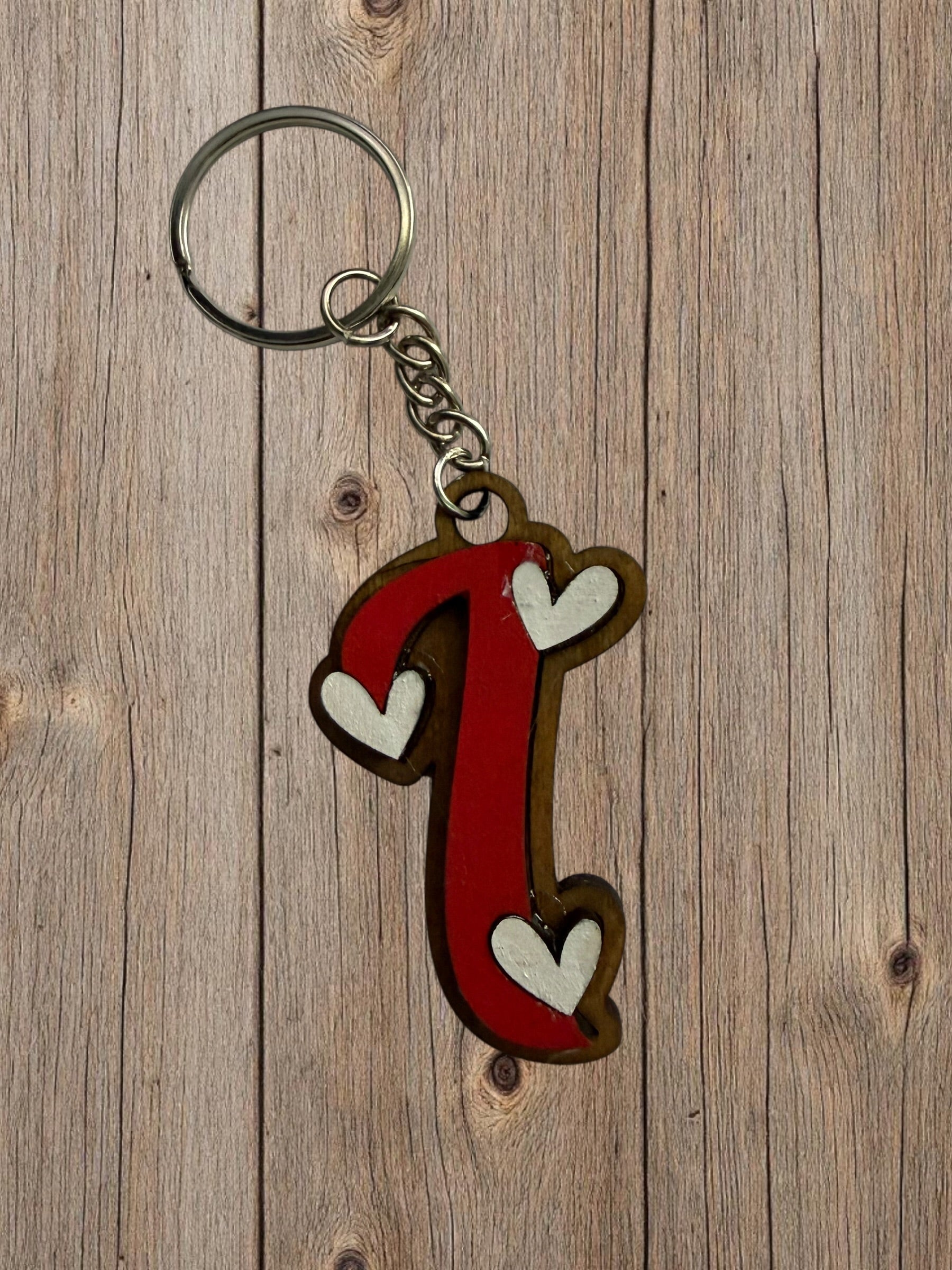Wood Initial Keychain with Hearts