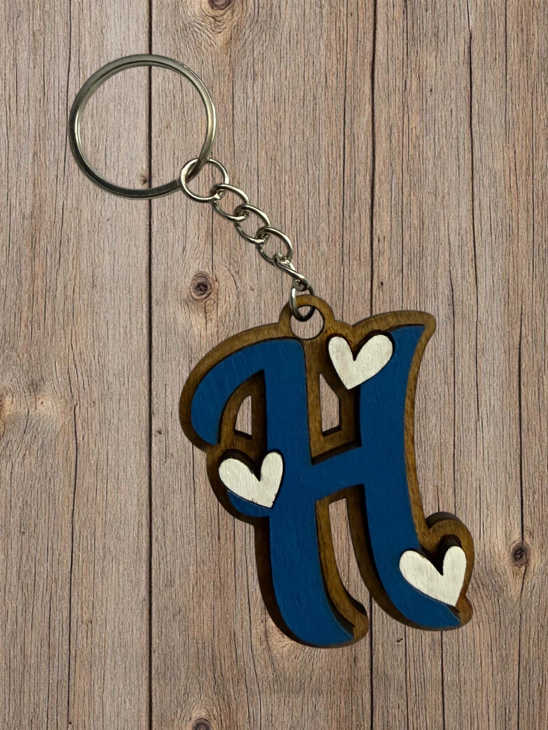 Wood Initial Keychain with Hearts