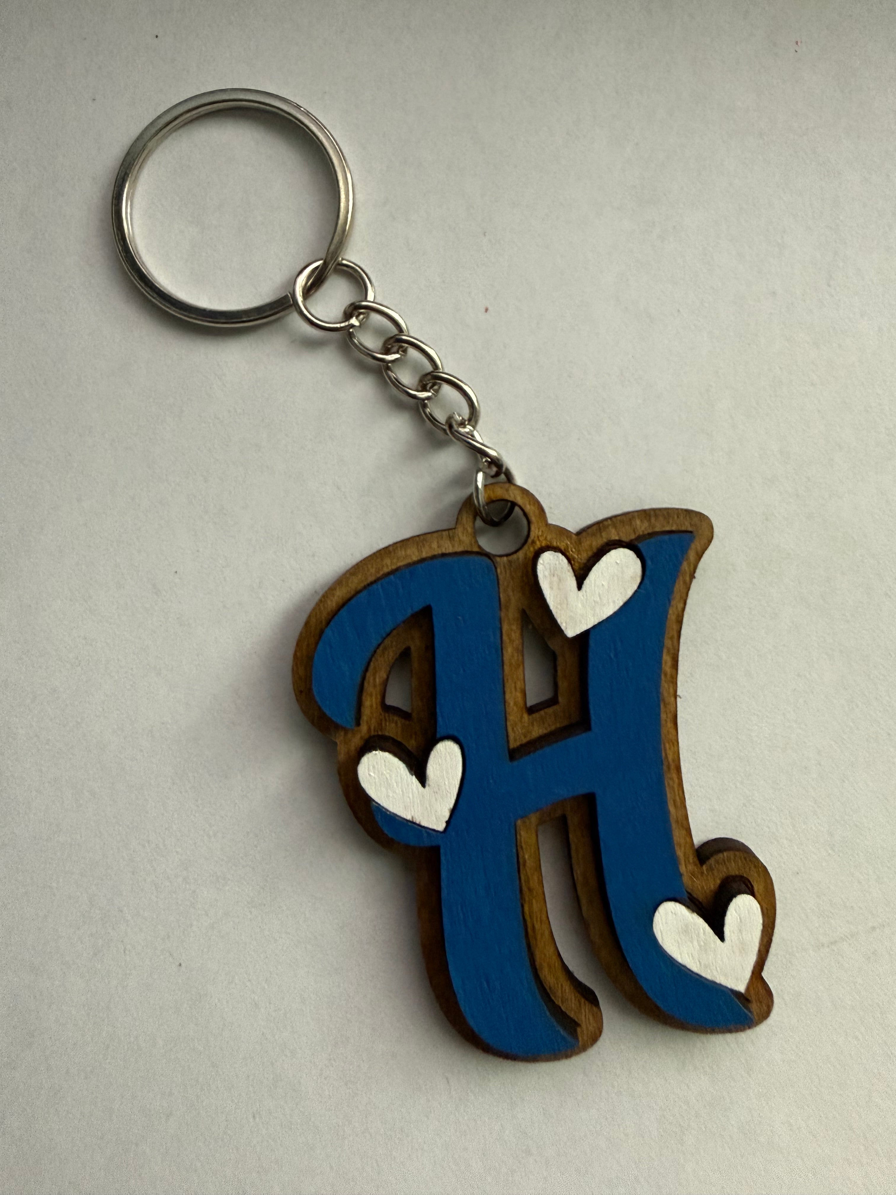 Wood Initial Keychain with Hearts