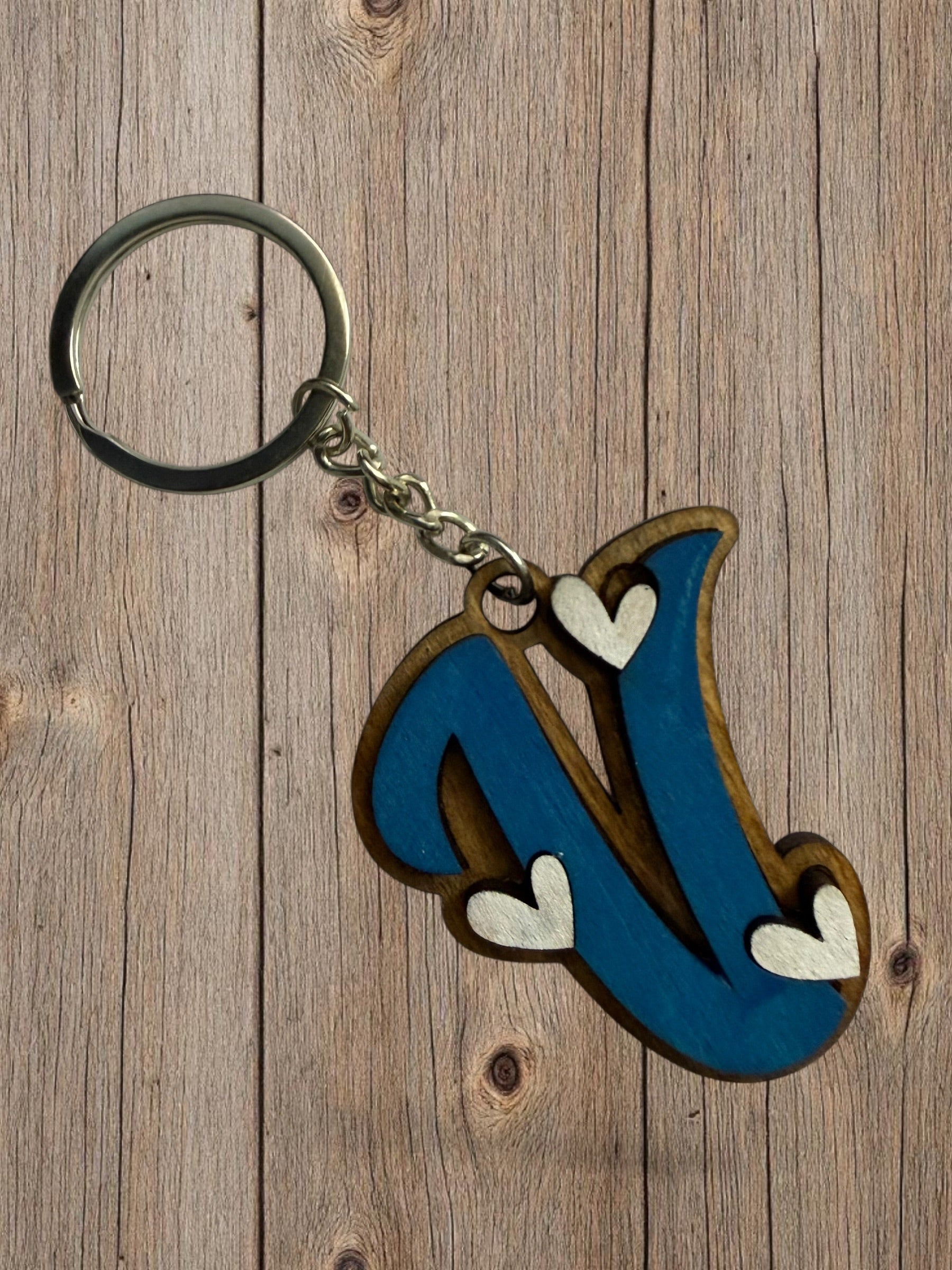 Wood Initial Keychain with Hearts