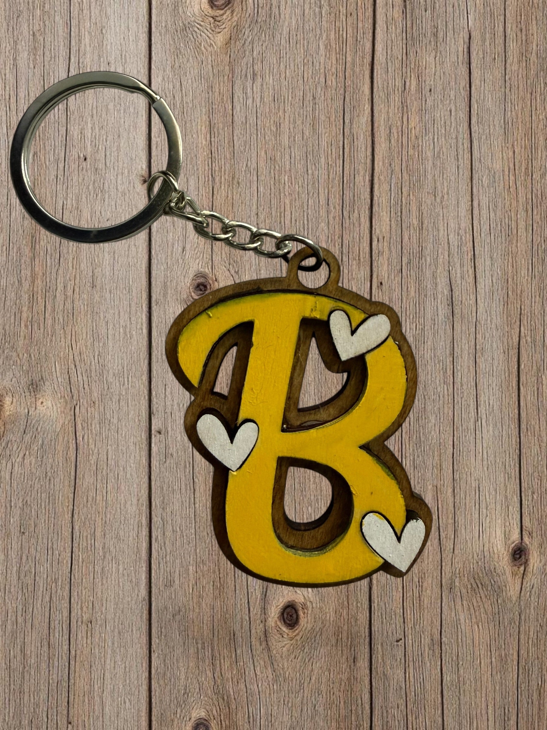 Wood Initial Keychain with Hearts